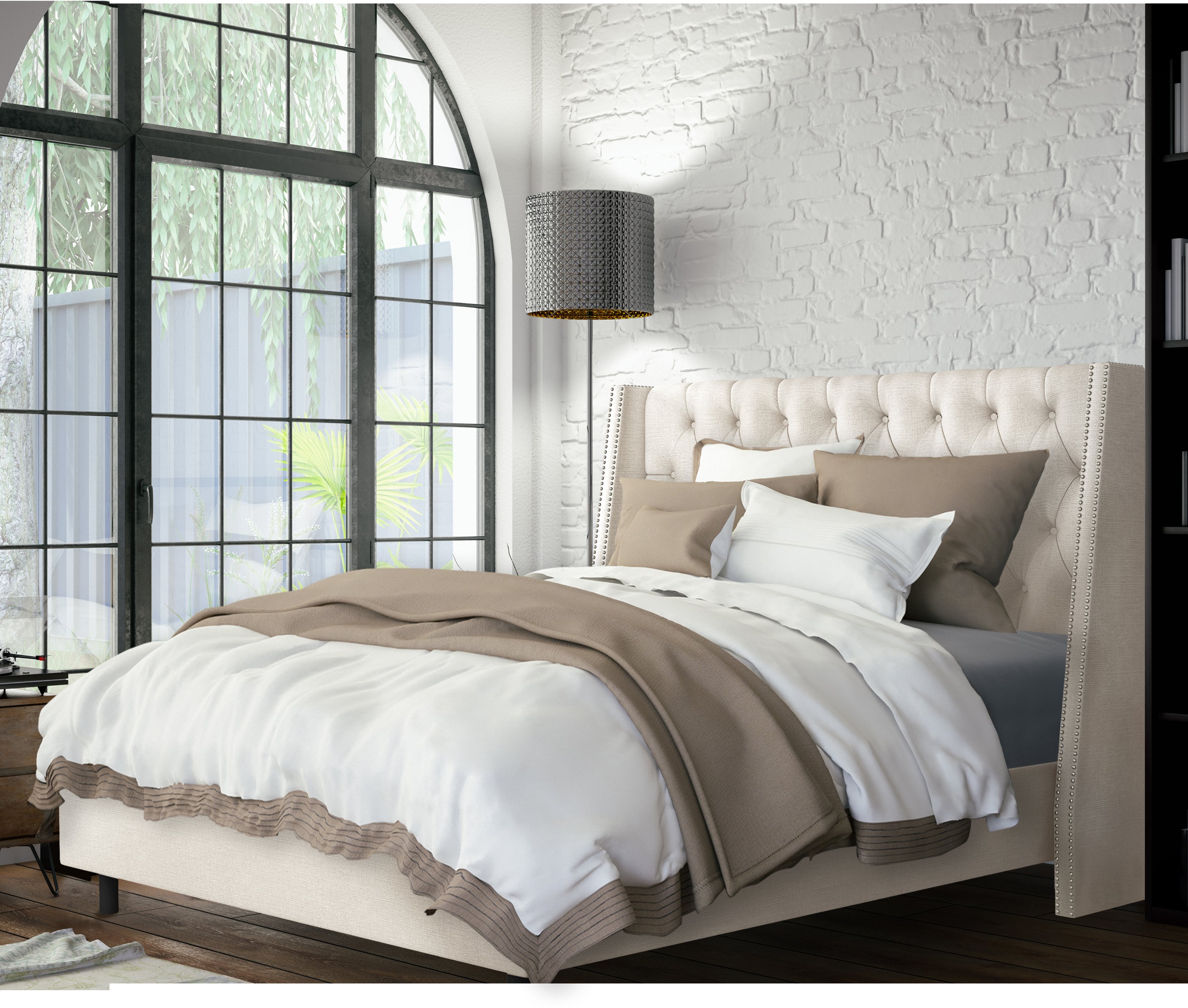 122NBBED-PWLNNTLC Queen Linen Talc Cream Tufted Bed-2