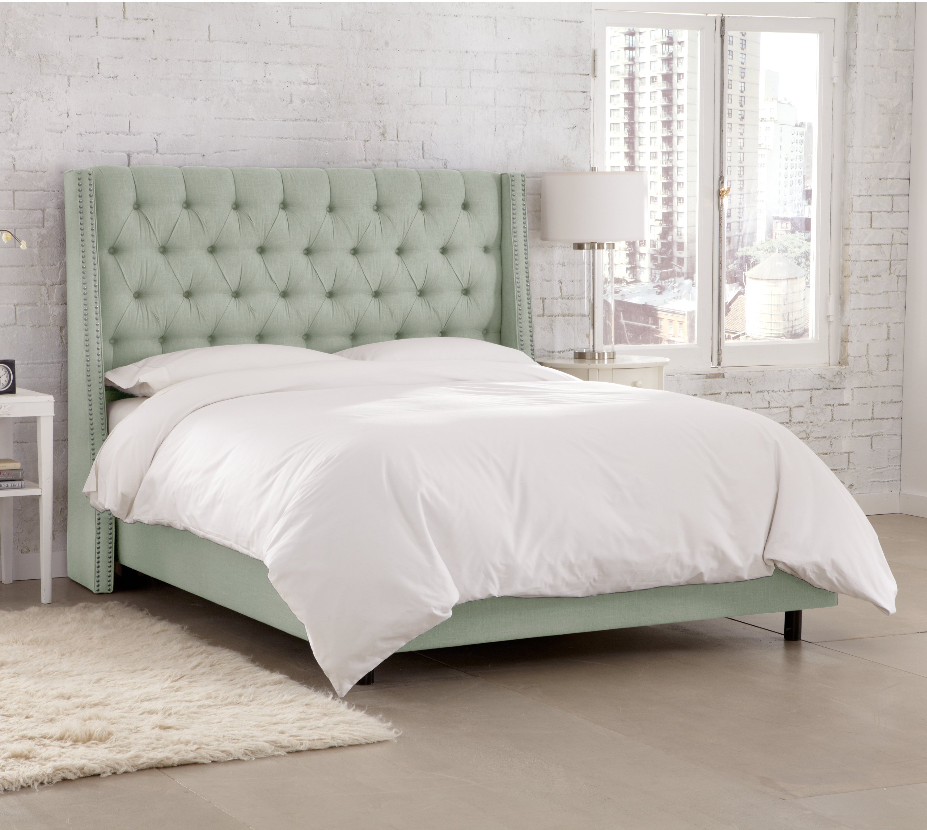124NBBED-PWLNNSWDBL California King Linen Blue Gray Tufted Bed-1