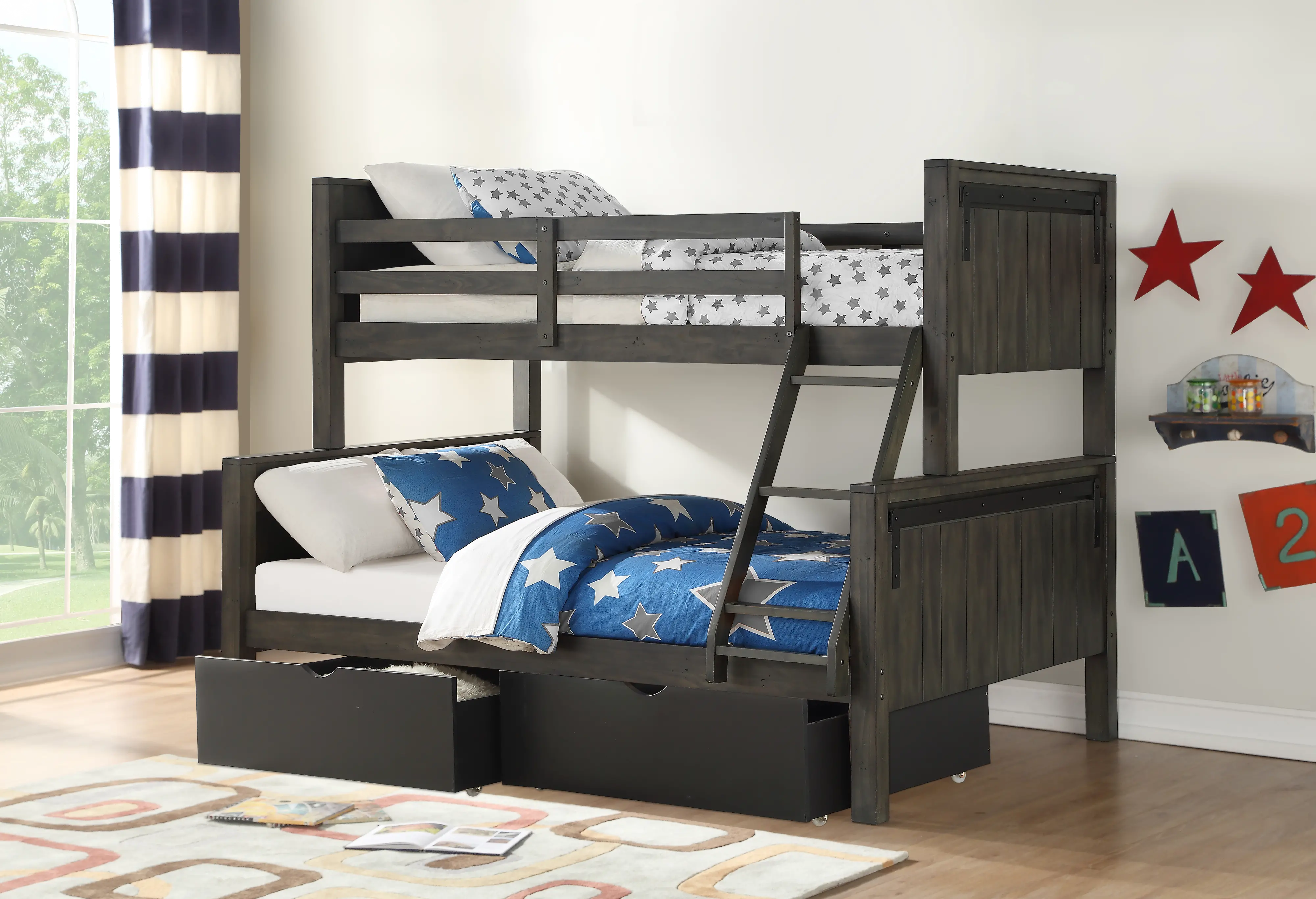 Gray Twin over Full Bunk Bed with Storage Drawers - Barn Door-1