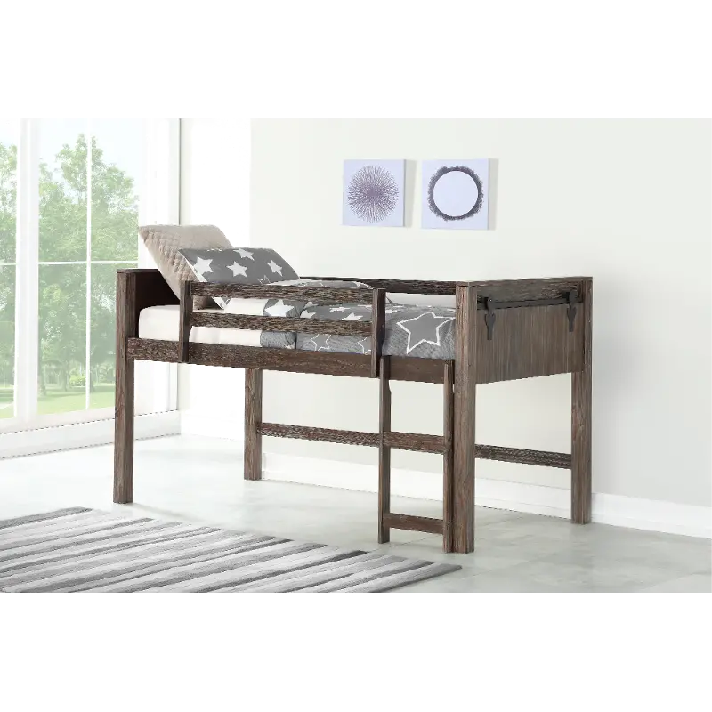 Farmhouse Brushed Brown Twin Low Loft Bed - Barn Door