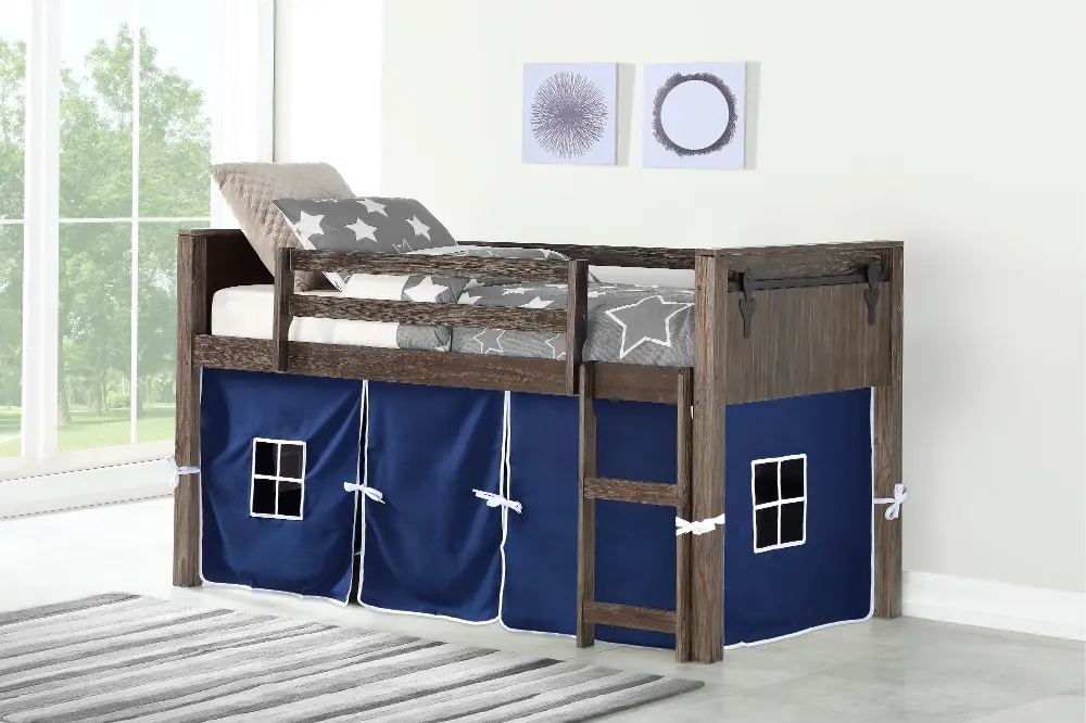 Brushed Brown Twin Loft Bed with Blue Tent - Barn Door-1