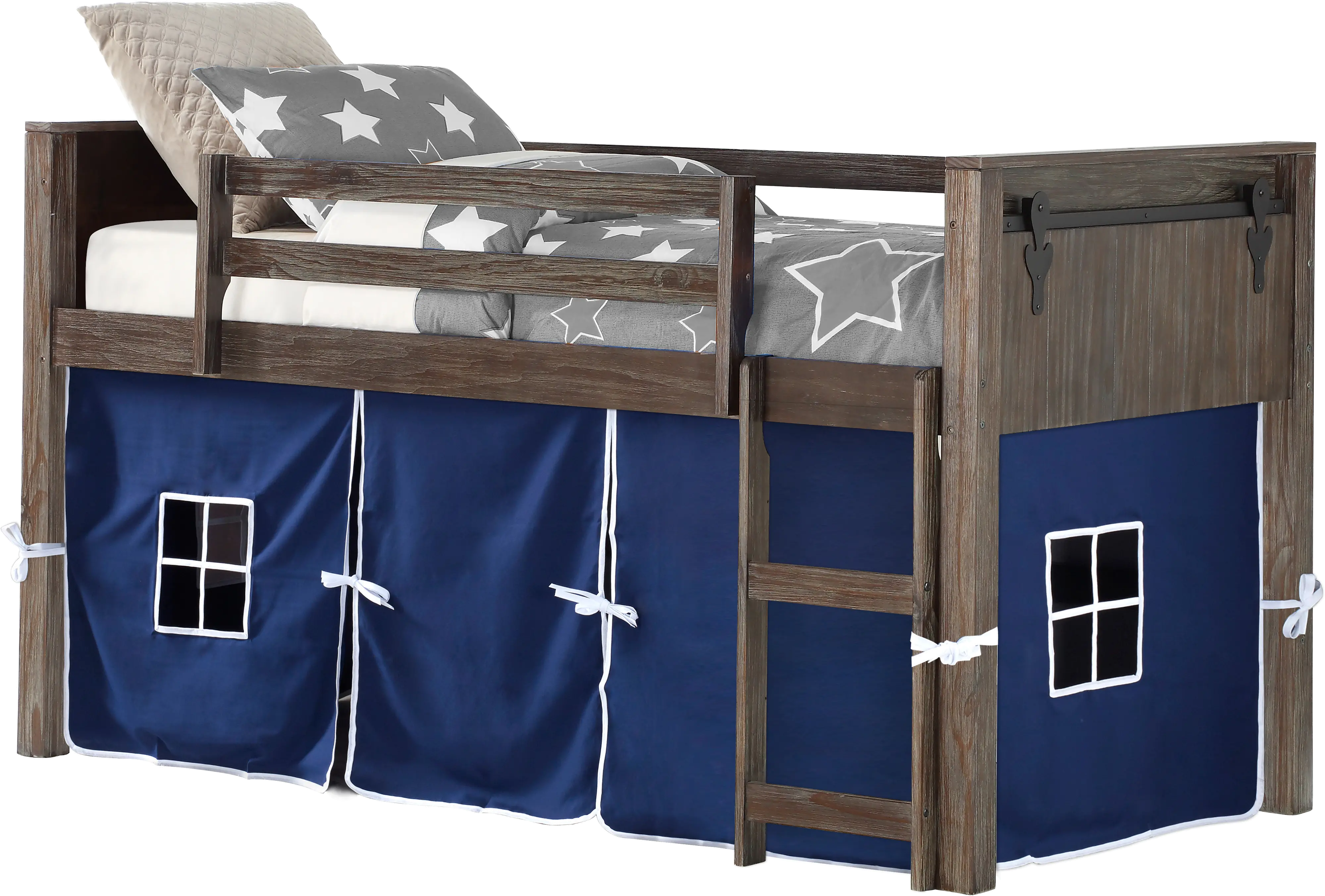 Brushed Brown Twin Loft Bed with Blue Tent - Barn Door-2