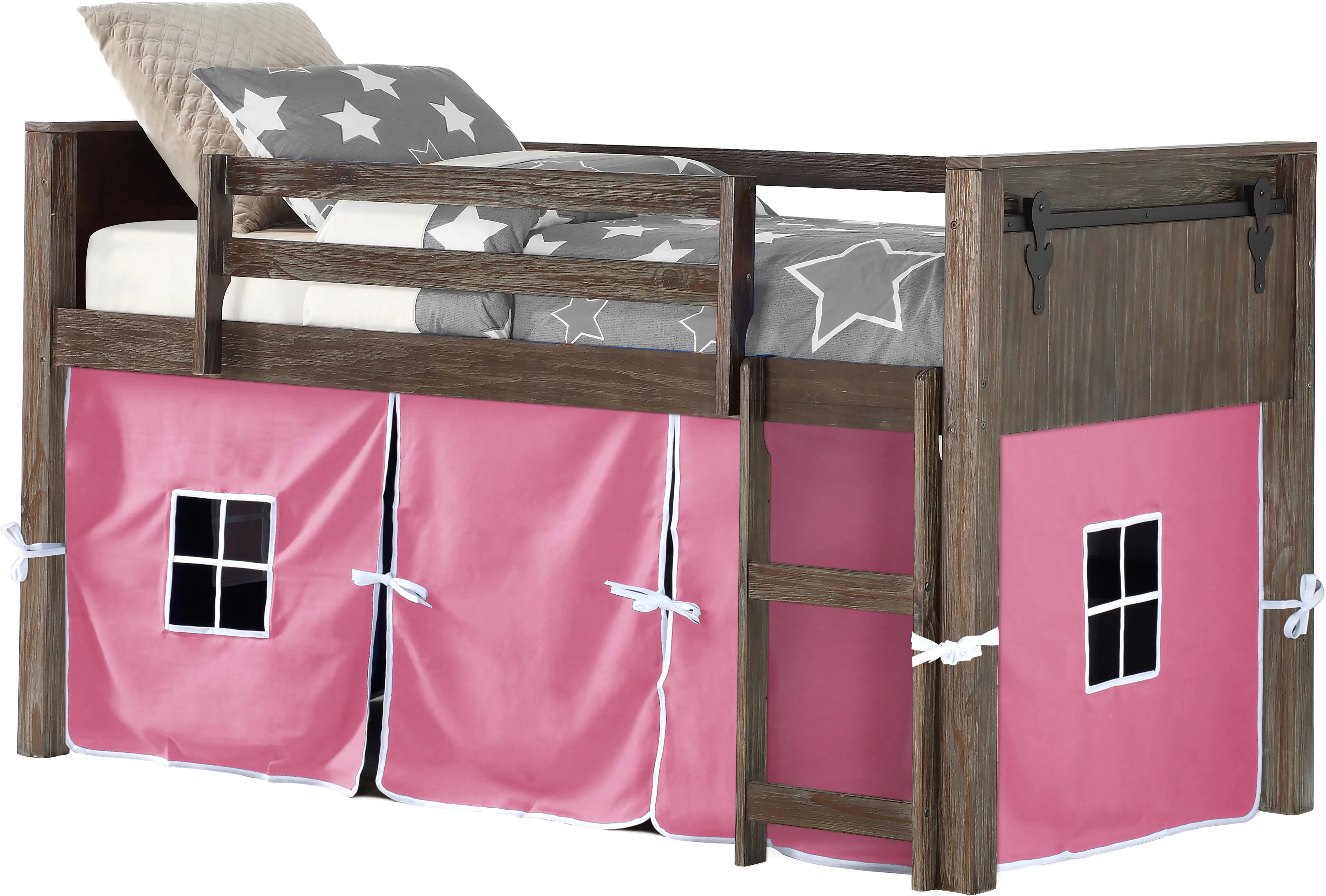 Brushed Brown Twin Loft Bed with Pink Tent - Barn Door-2