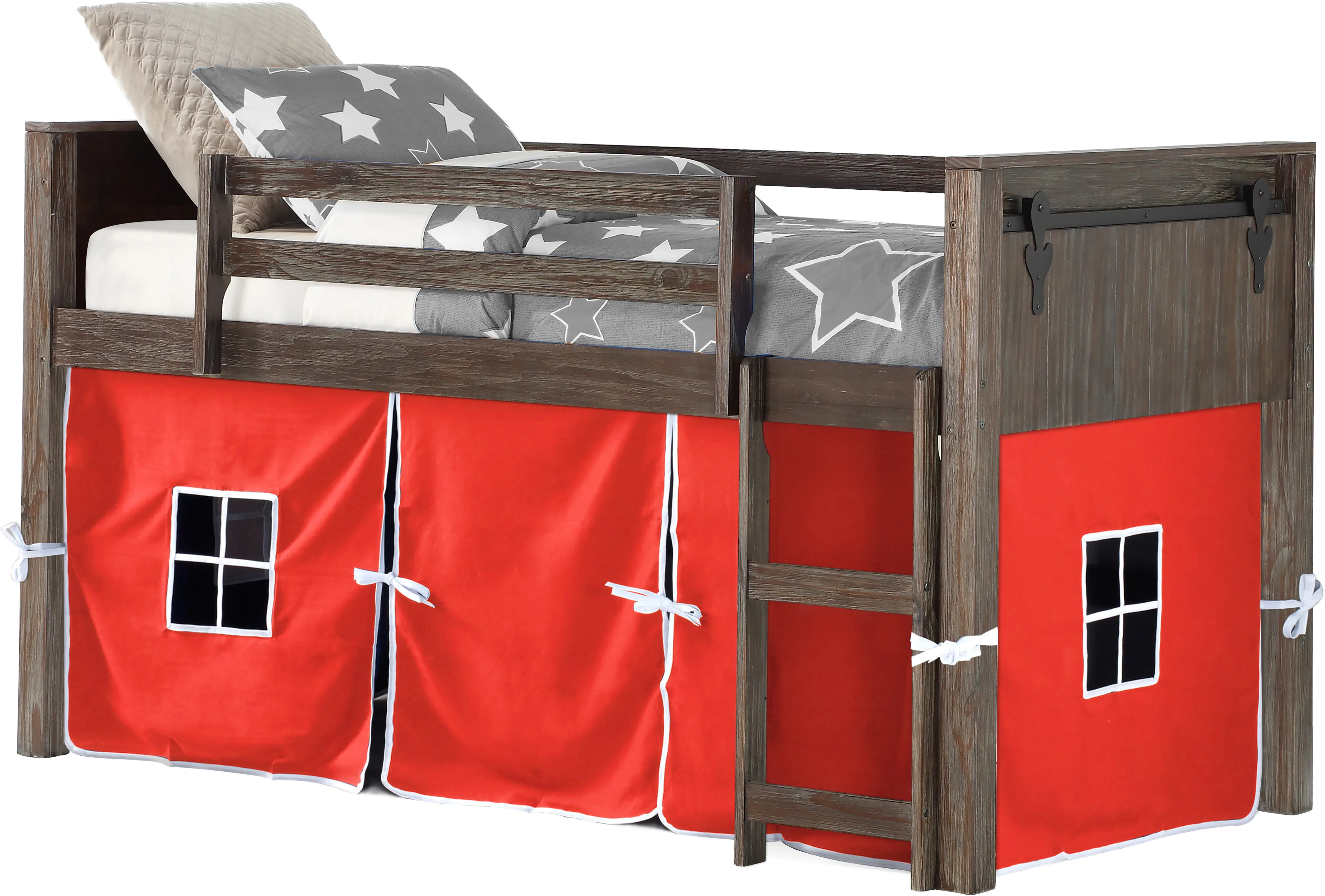 Brushed Brown Twin Loft Bed with Red Tent - Barn Door-2