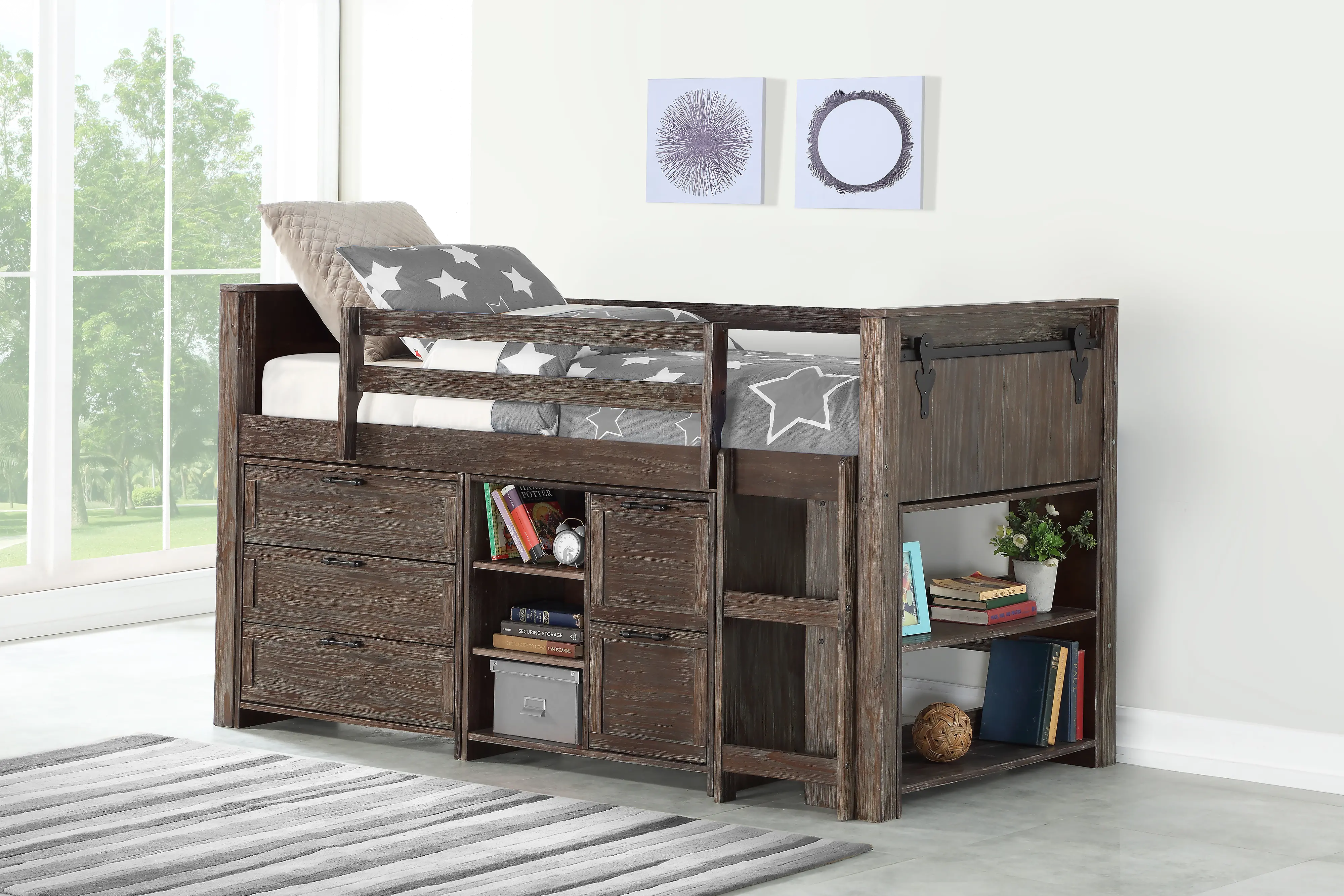 Brushed Brown 2 Drawer Chest with Shelves - Barn Door-2