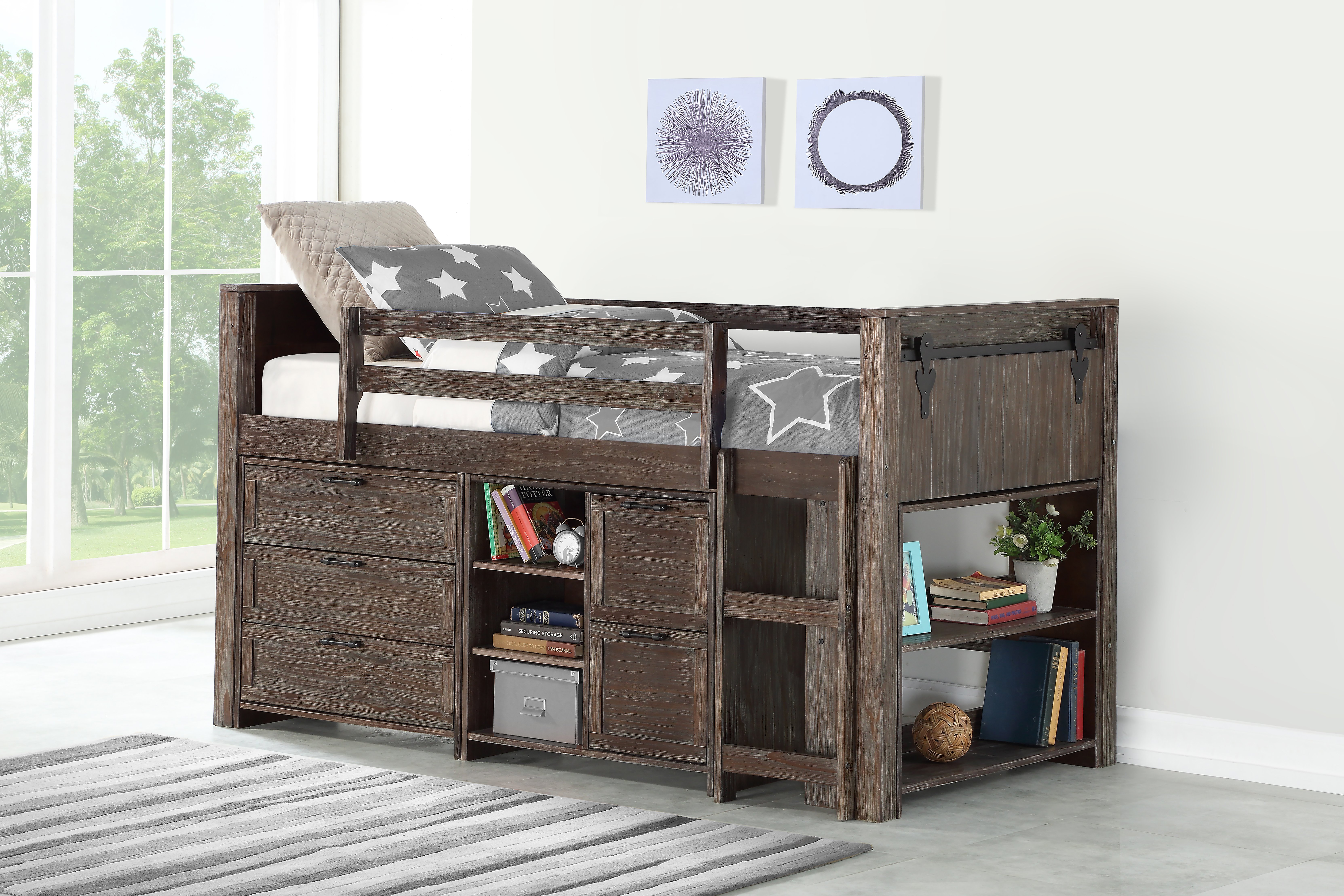 Brown Twin Low Loft Bed with 2 Chests and Bookcase - Barn Door-1
