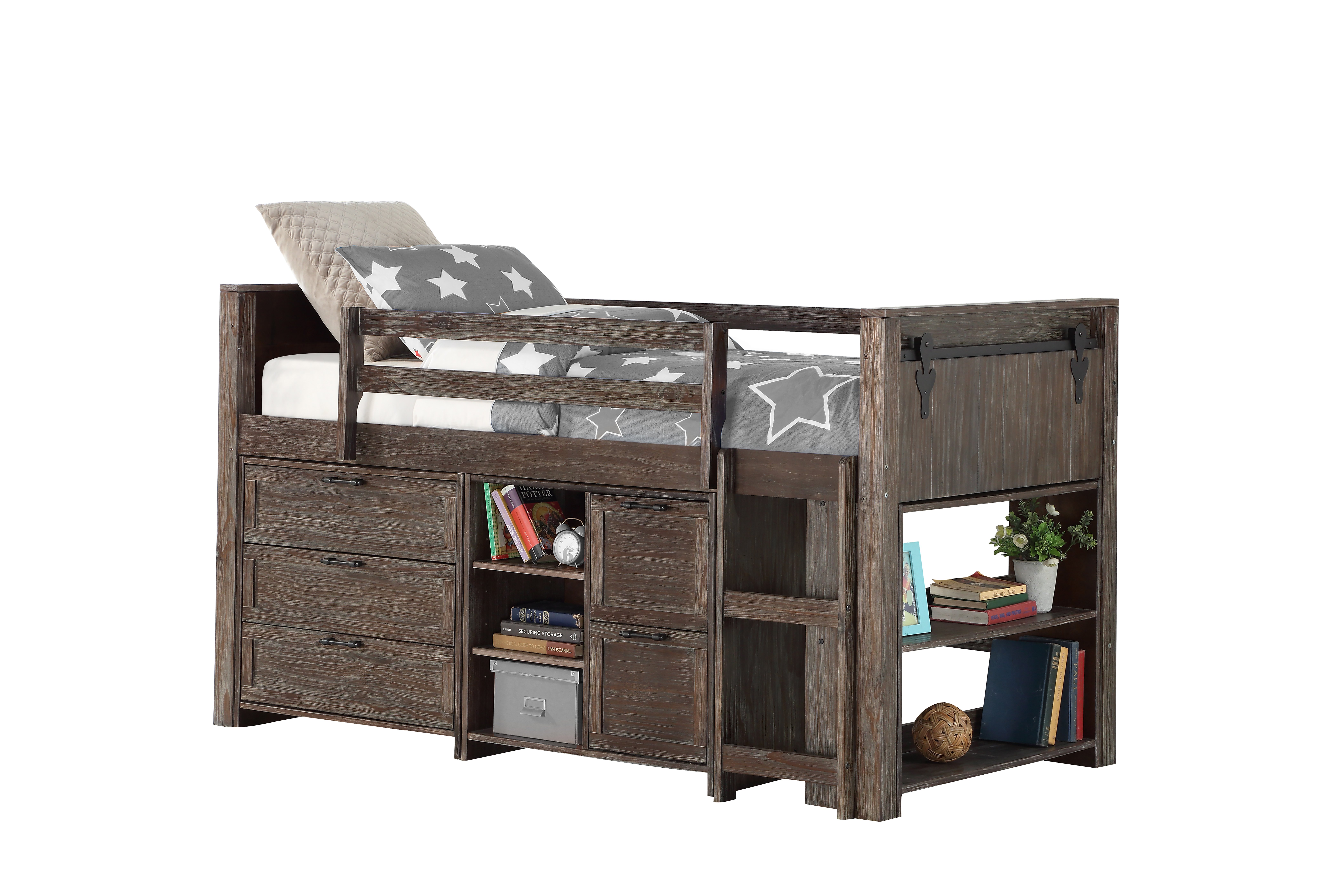 Brown Twin Low Loft Bed with 2 Chests and Bookcase - Barn Door-2