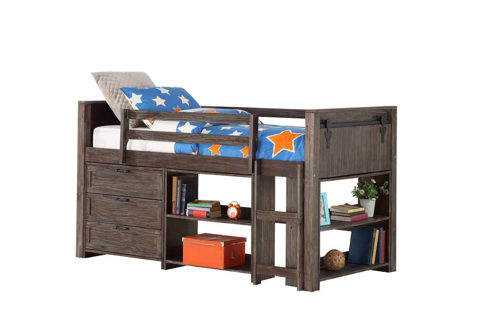Brown Twin Low Loft Bed with Chest and 2 Bookcases - Barn Door-2