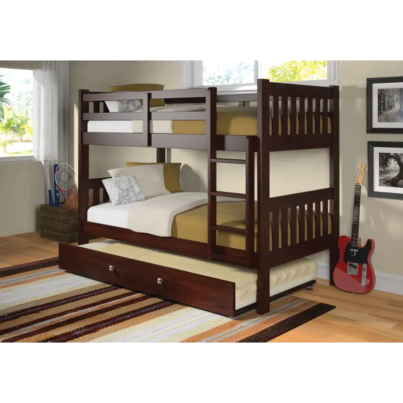 Classic Brown Twin Bunk Bed with Trundle - Mission