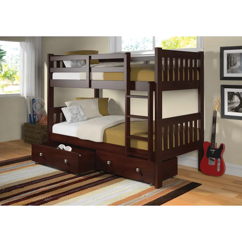 Classic Brown Twin Bunk Bed with Storage Drawers - Mission