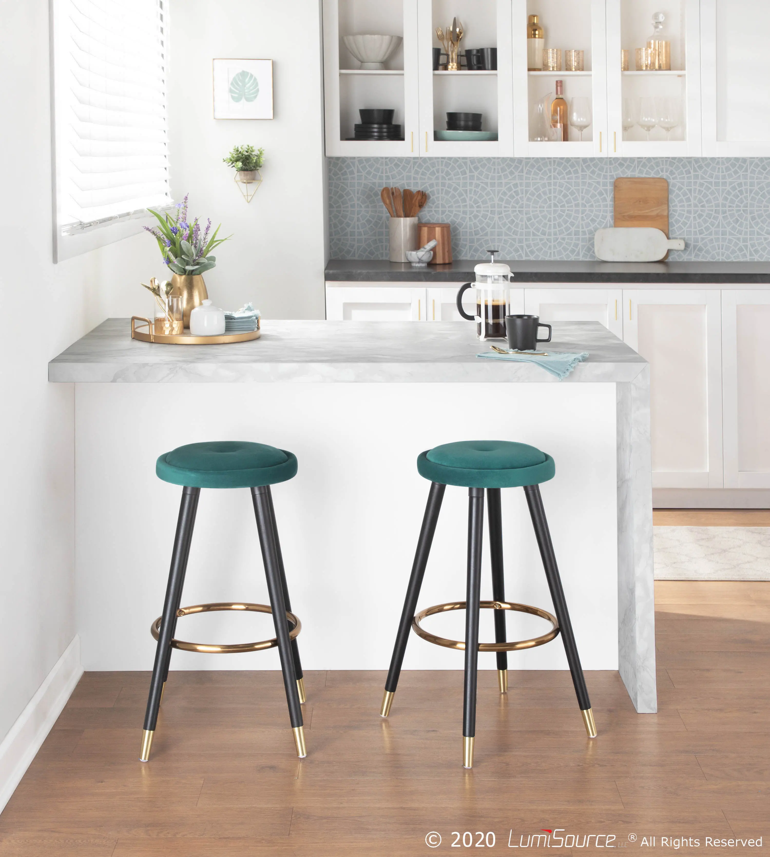 B26-CAVLERBKVGN2 Green Velvet Counter Stool (Set of 2) - Cavalier-1