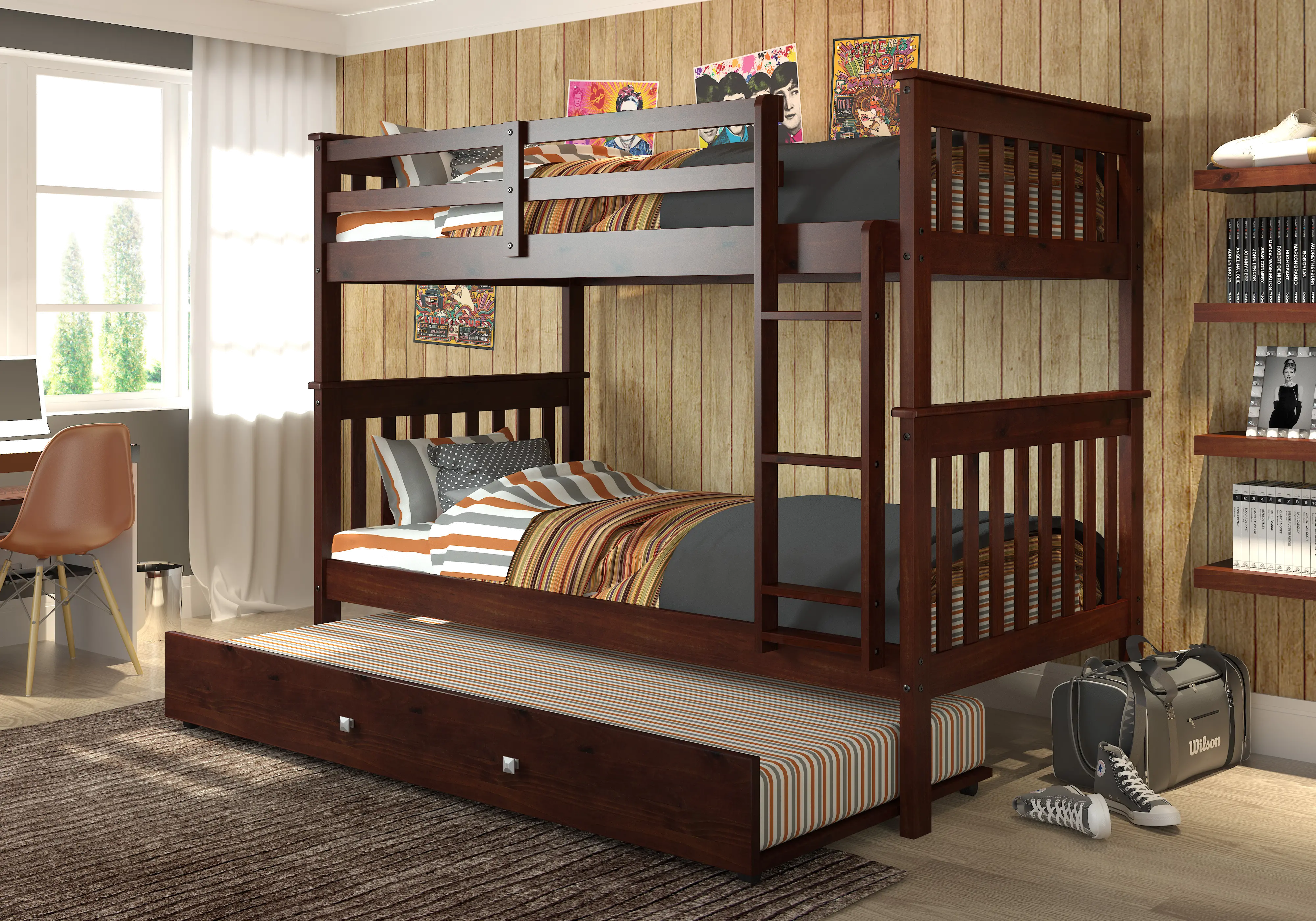 Dark Brown Twin-over-Twin Bunk Bed with Trundle - Craftsman-1