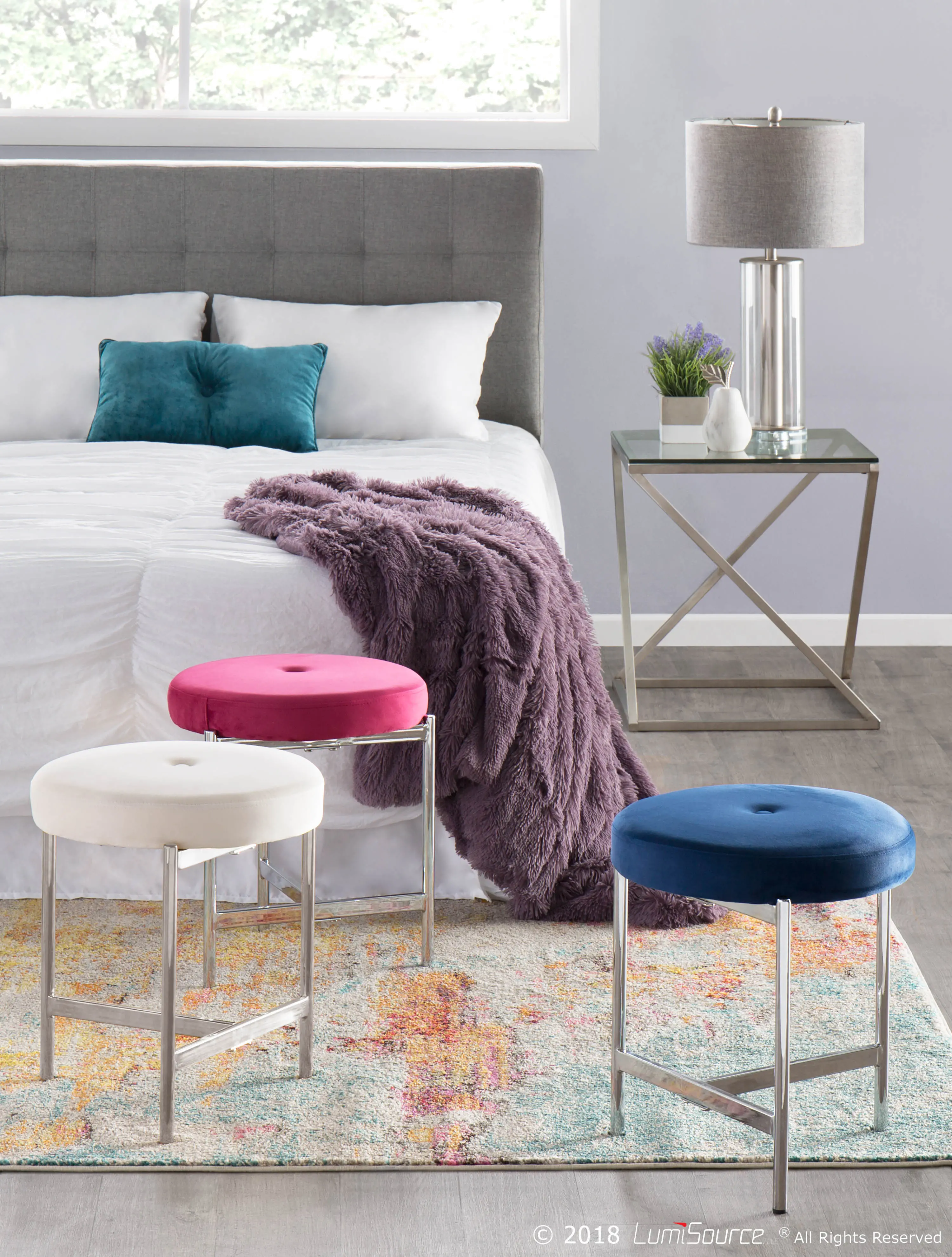 B17-CHLOE W White Velvet With Silver Legs Vanity Stool-7