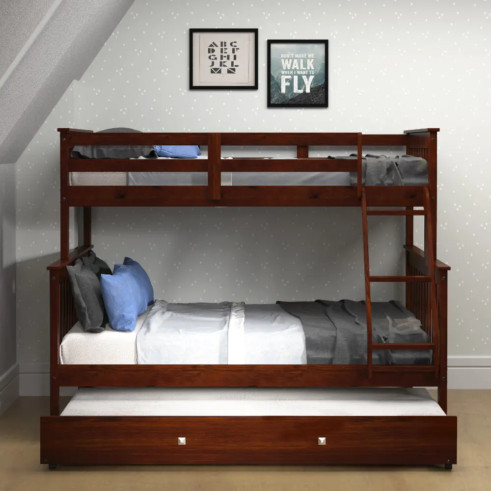 Dark Brown Twin-over-Full Bunk Bed with Trundle - Craftsman-1