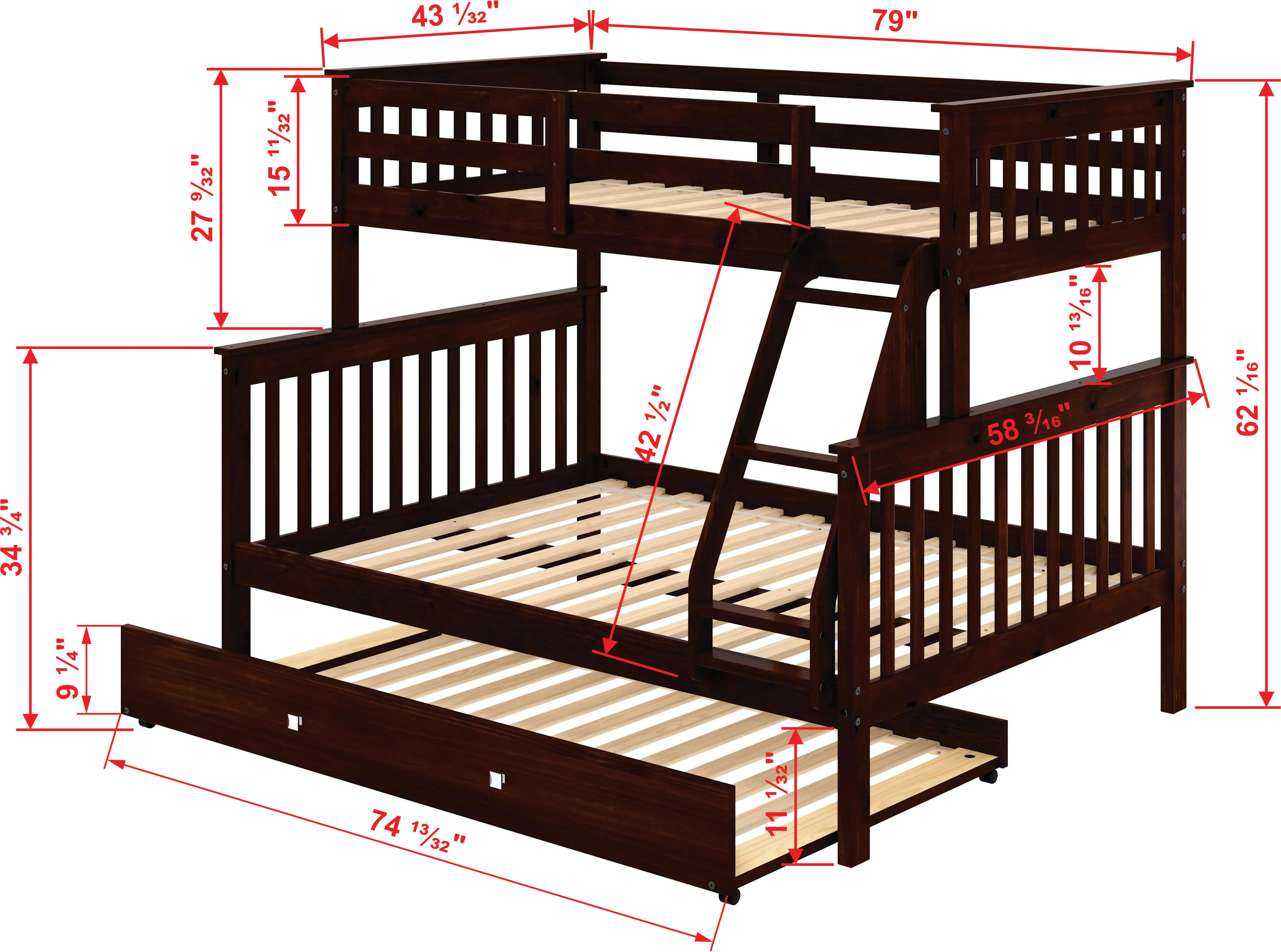 Dark Brown Twin-over-Full Bunk Bed with Trundle - Craftsman-6
