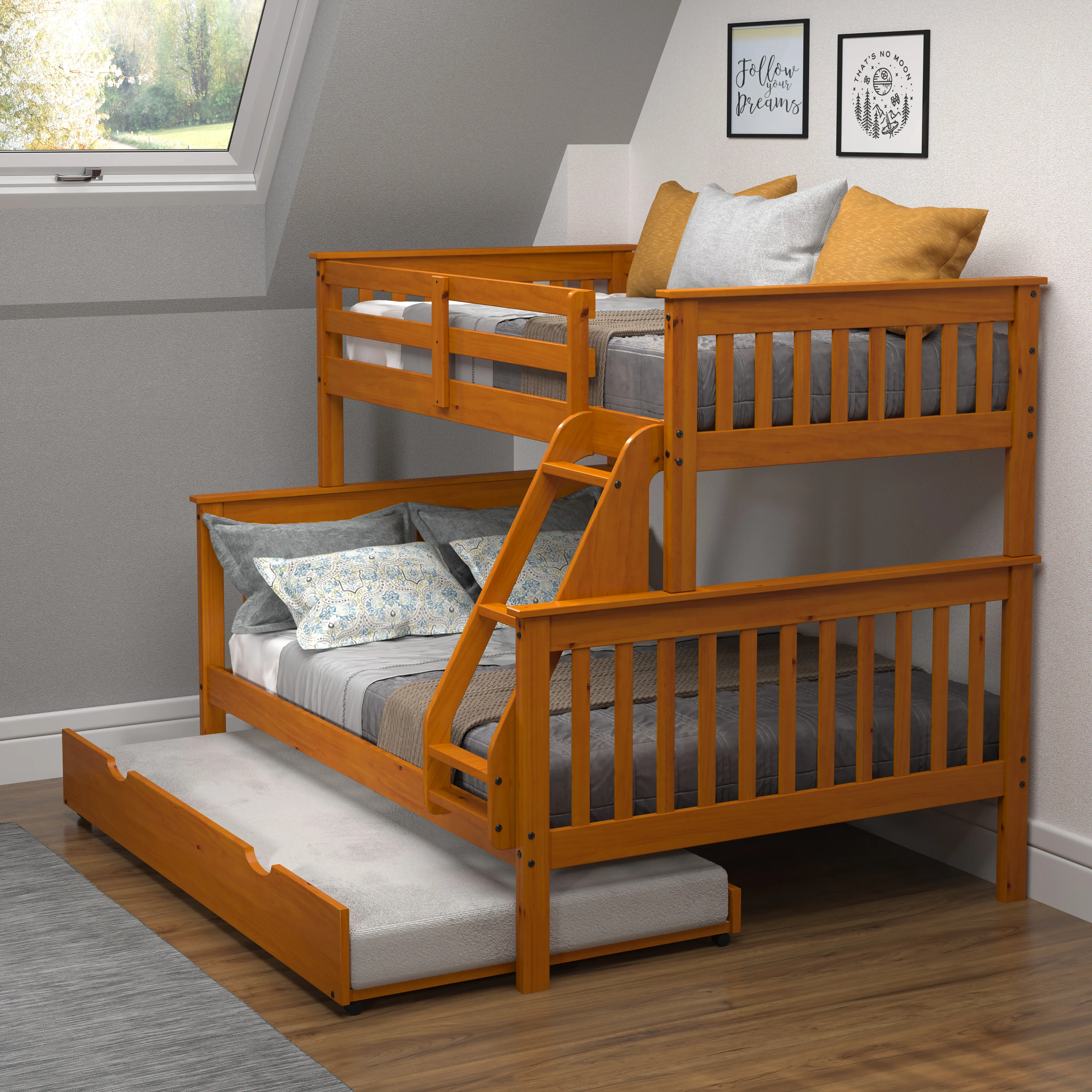 Honey Brown Twin-over-Full Bunk Bed with Trundle - Craftsman-2