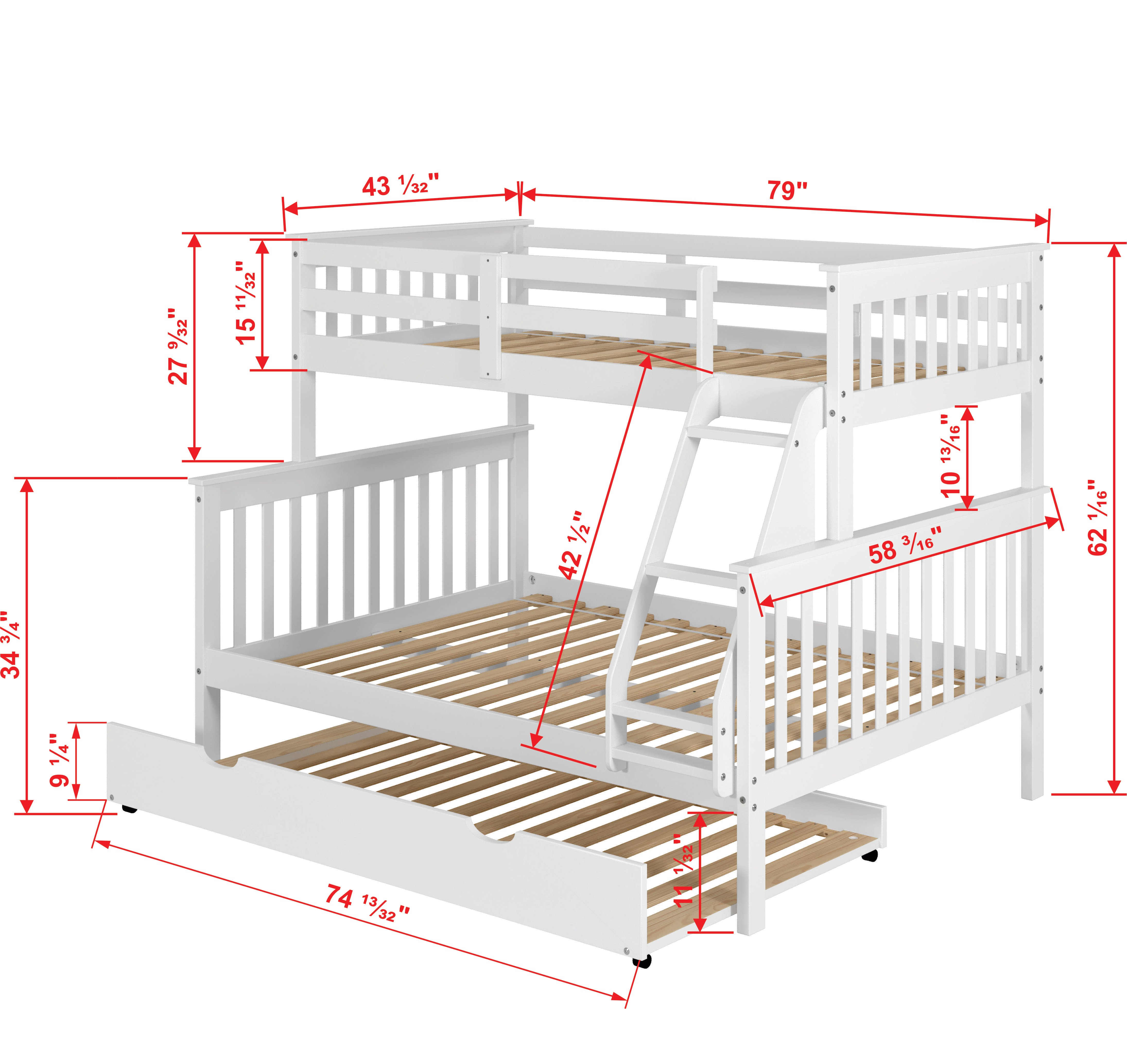 White Twin-over-Full Bunk Bed with Trundle - Craftsman-3