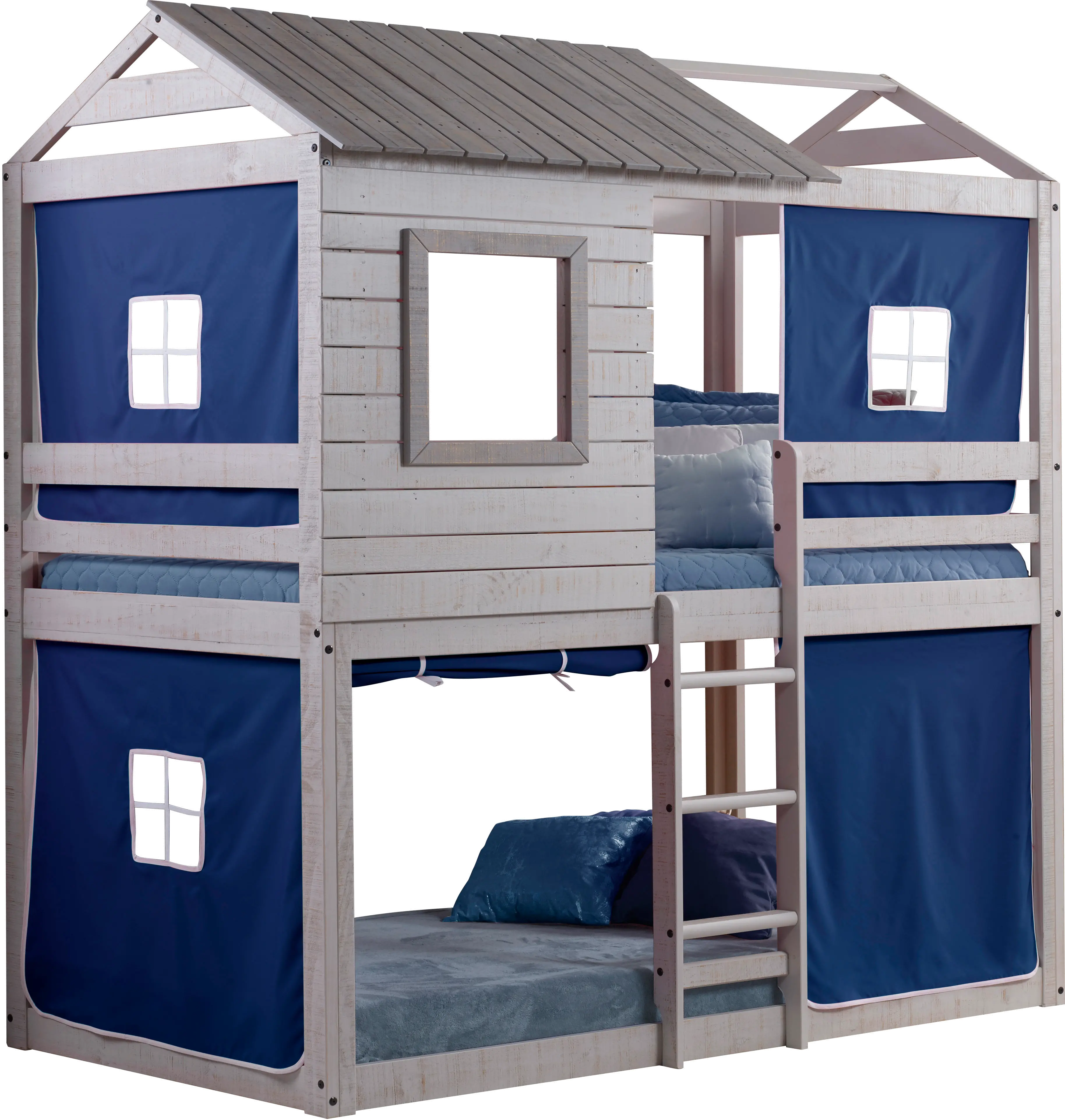 Rustic Gray Twin over Twin Bunk Bed with Blue Tent - Tree Fort-2
