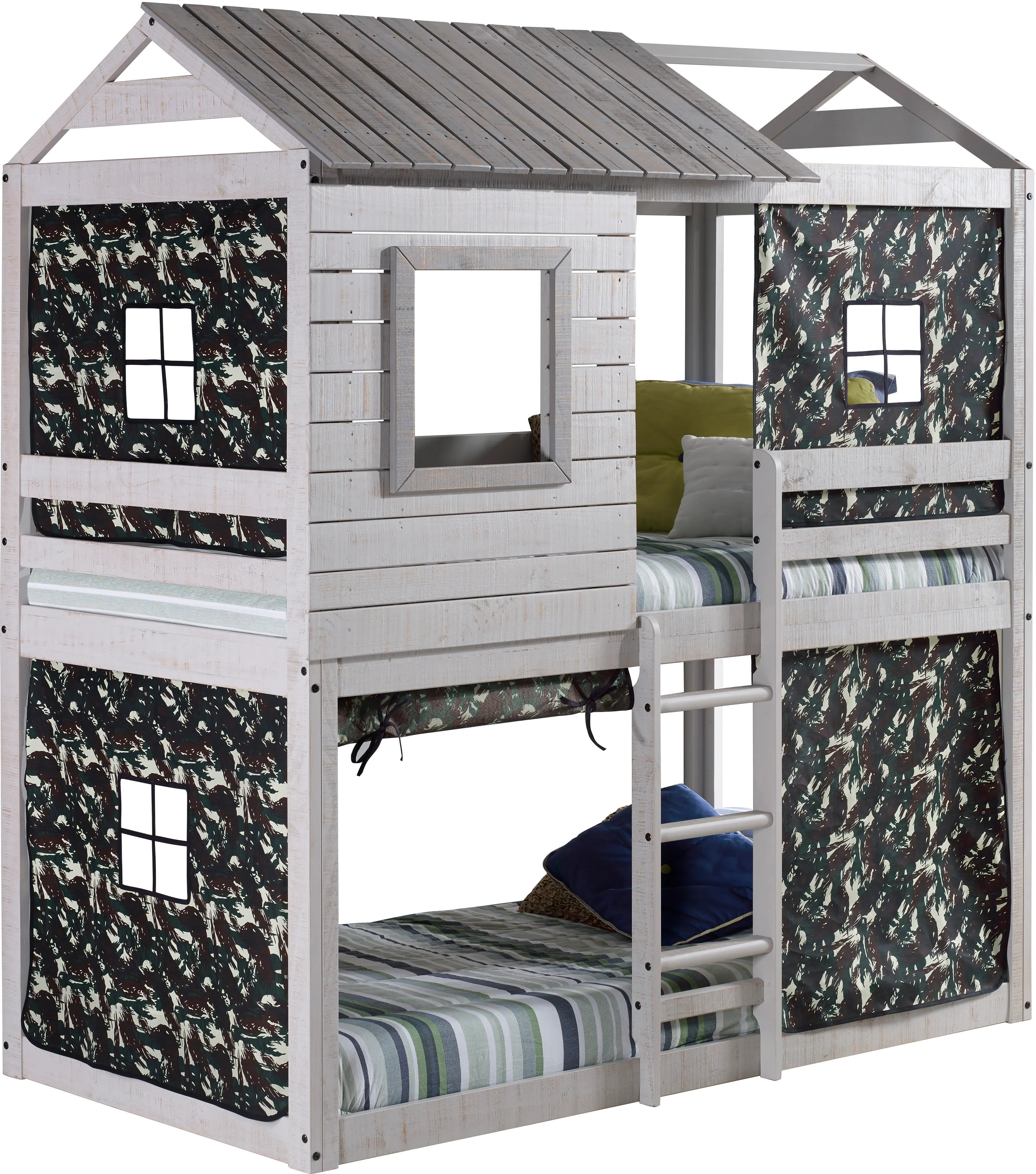 Rustic Gray Twin over Twin Bunk Bed with Camo Tent - Tree Fort-2