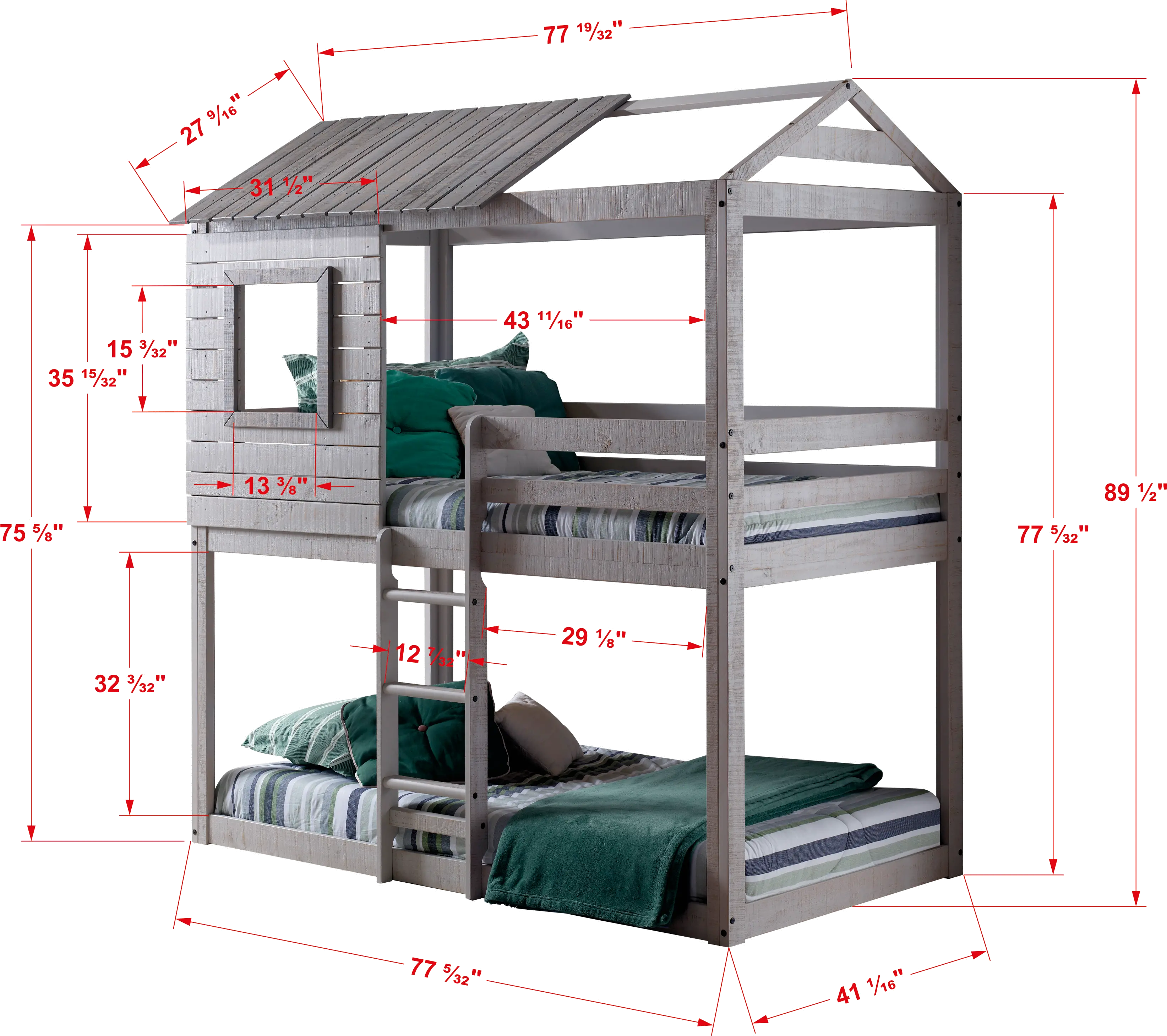 Rustic Gray Twin over Twin Bunk Bed with Camo Tent - Tree Fort-3