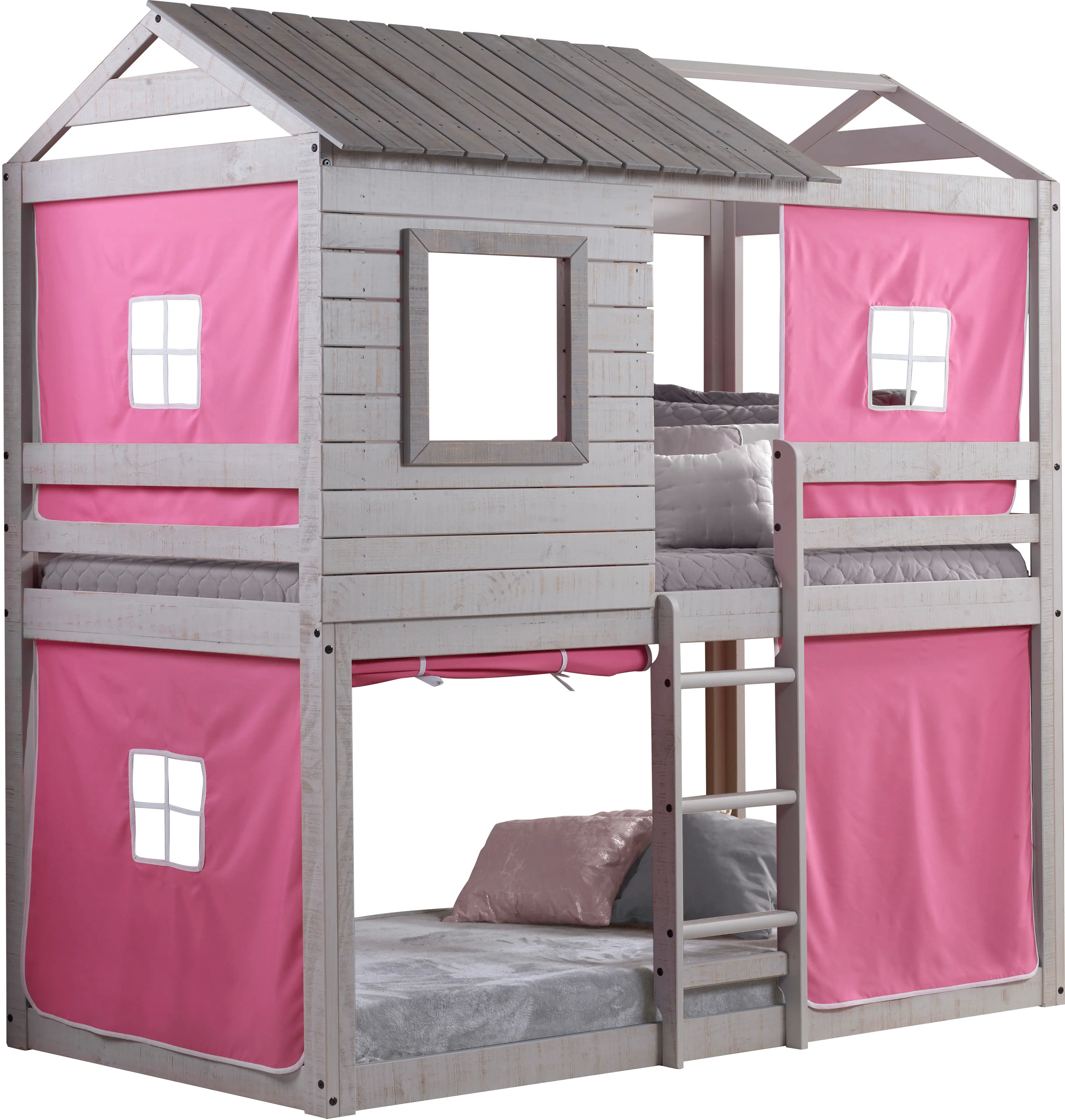 Rustic Gray Twin over Twin Bunk Bed with Pink Tent - Tree Fort-2