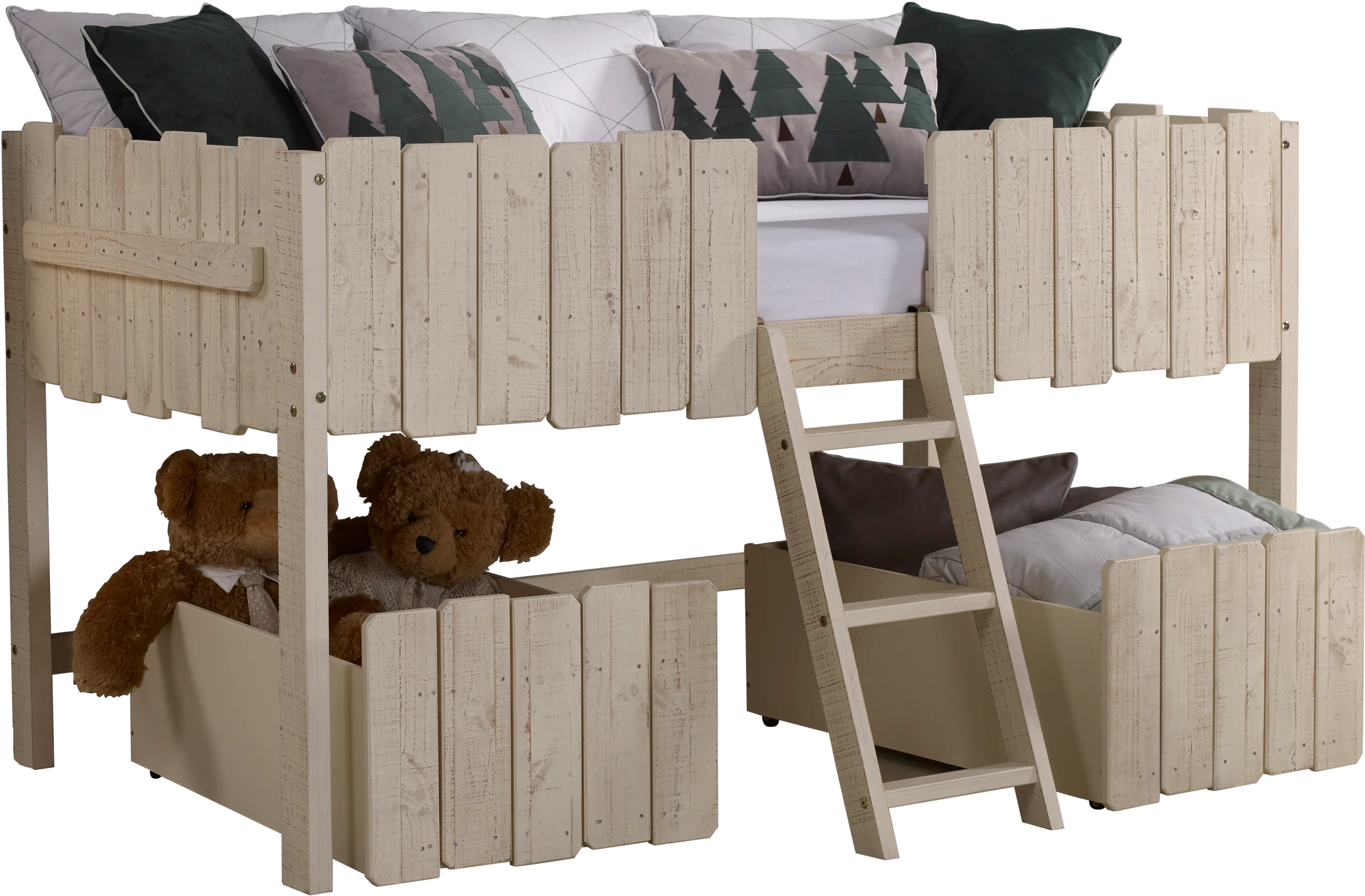 Rustic Sand Twin Low Loft Bed with Storage - Picket Fence-2