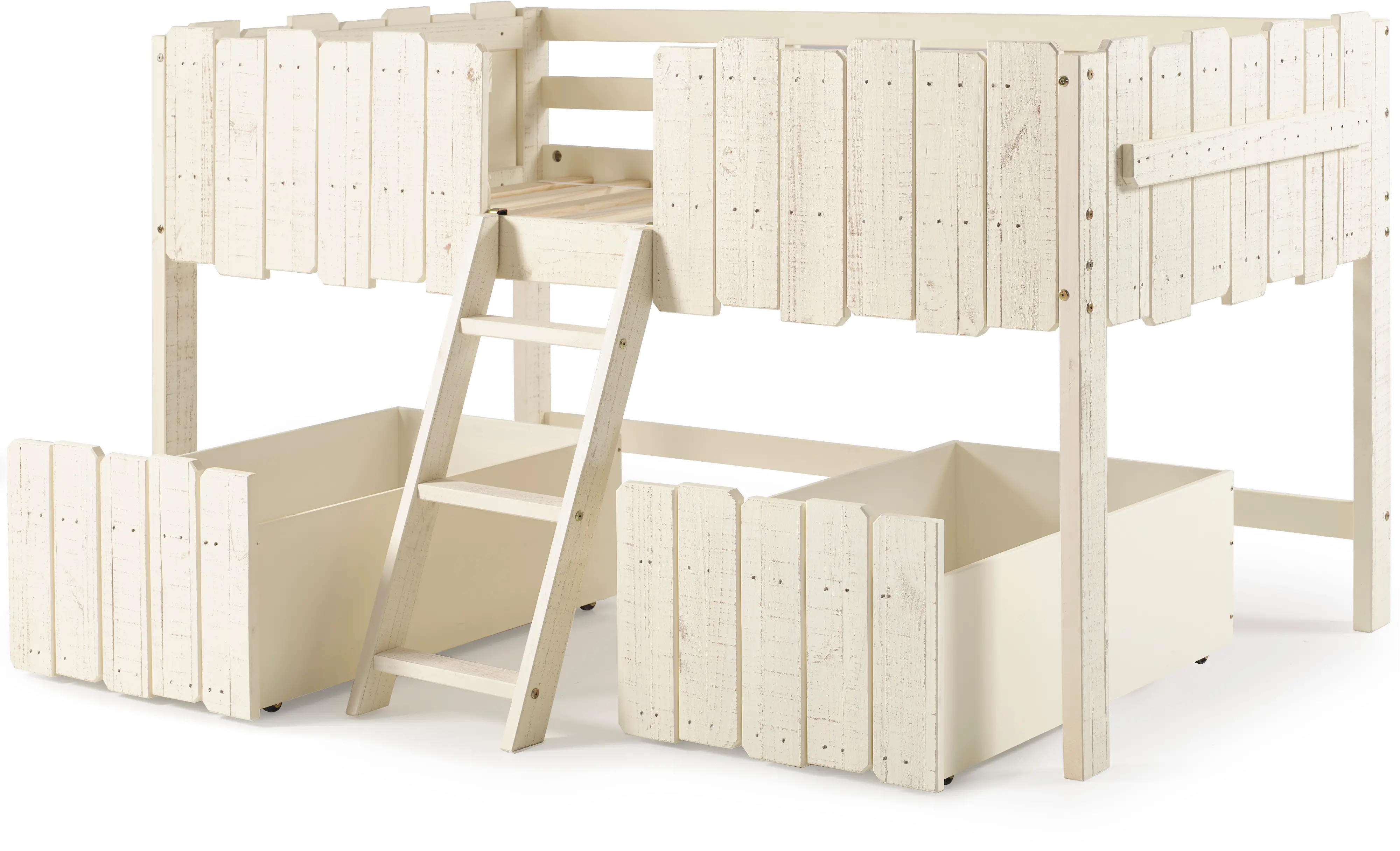 Rustic Sand Twin Low Loft Bed with Storage - Picket Fence-4
