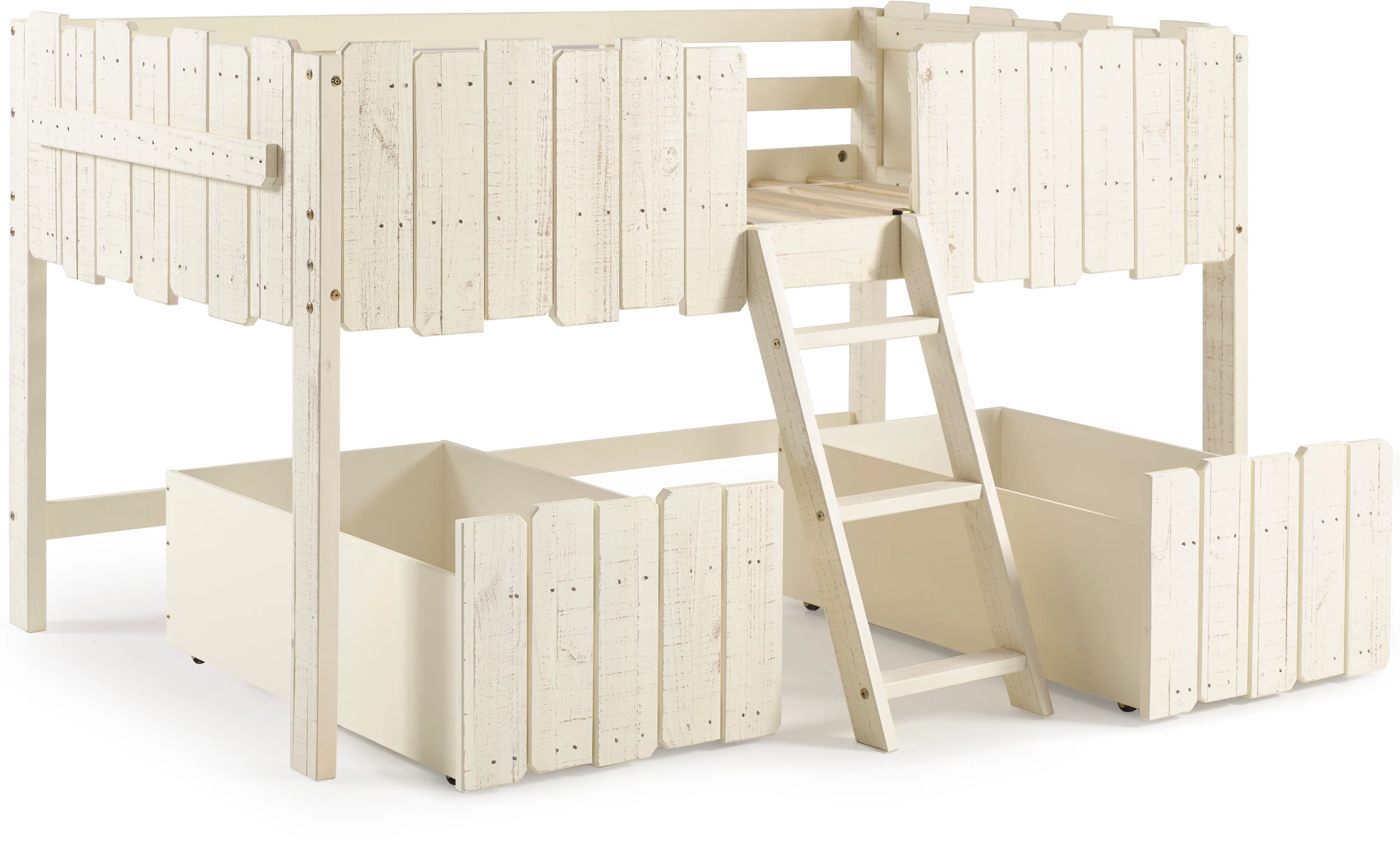 Rustic Sand Twin Low Loft Bed with Storage - Picket Fence-5