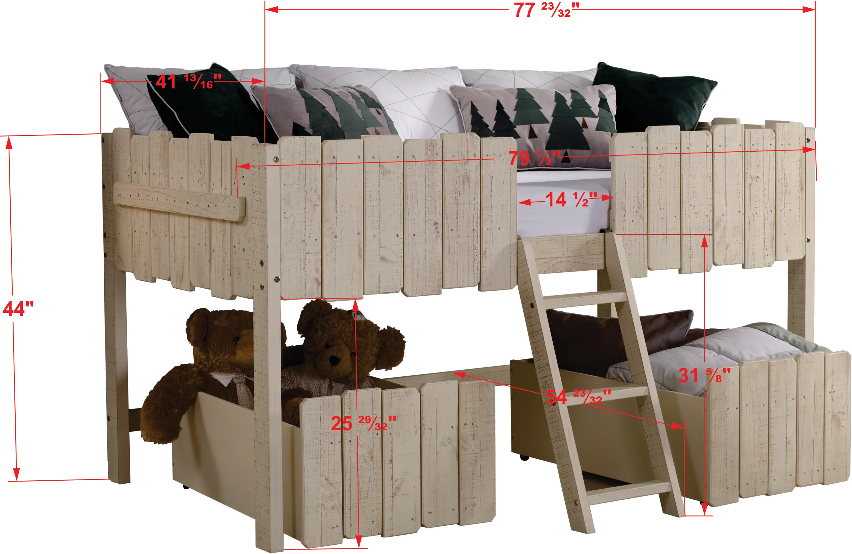 Rustic Sand Twin Low Loft Bed with Storage - Picket Fence-7
