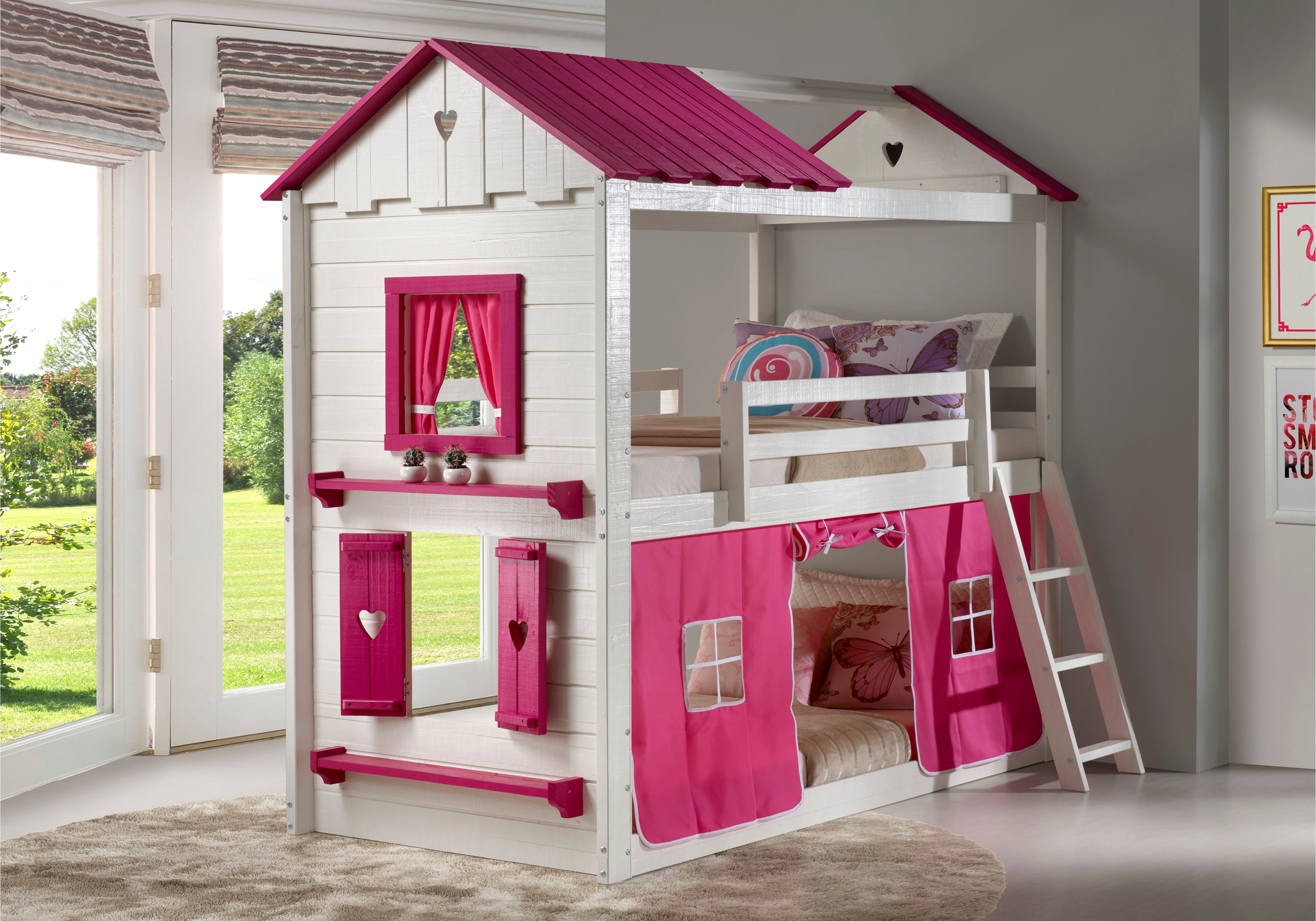 White and Pink Twin over Twin Bunk Bed with Tent - Sweetheart-1