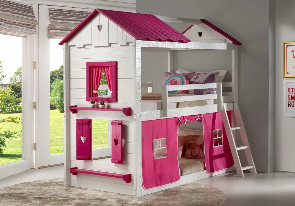 White and Pink Twin over Twin Bunk Bed with Tent - Sweetheart-1