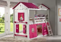 White and Pink Twin over Twin Bunk Bed with Tent - Sweetheart