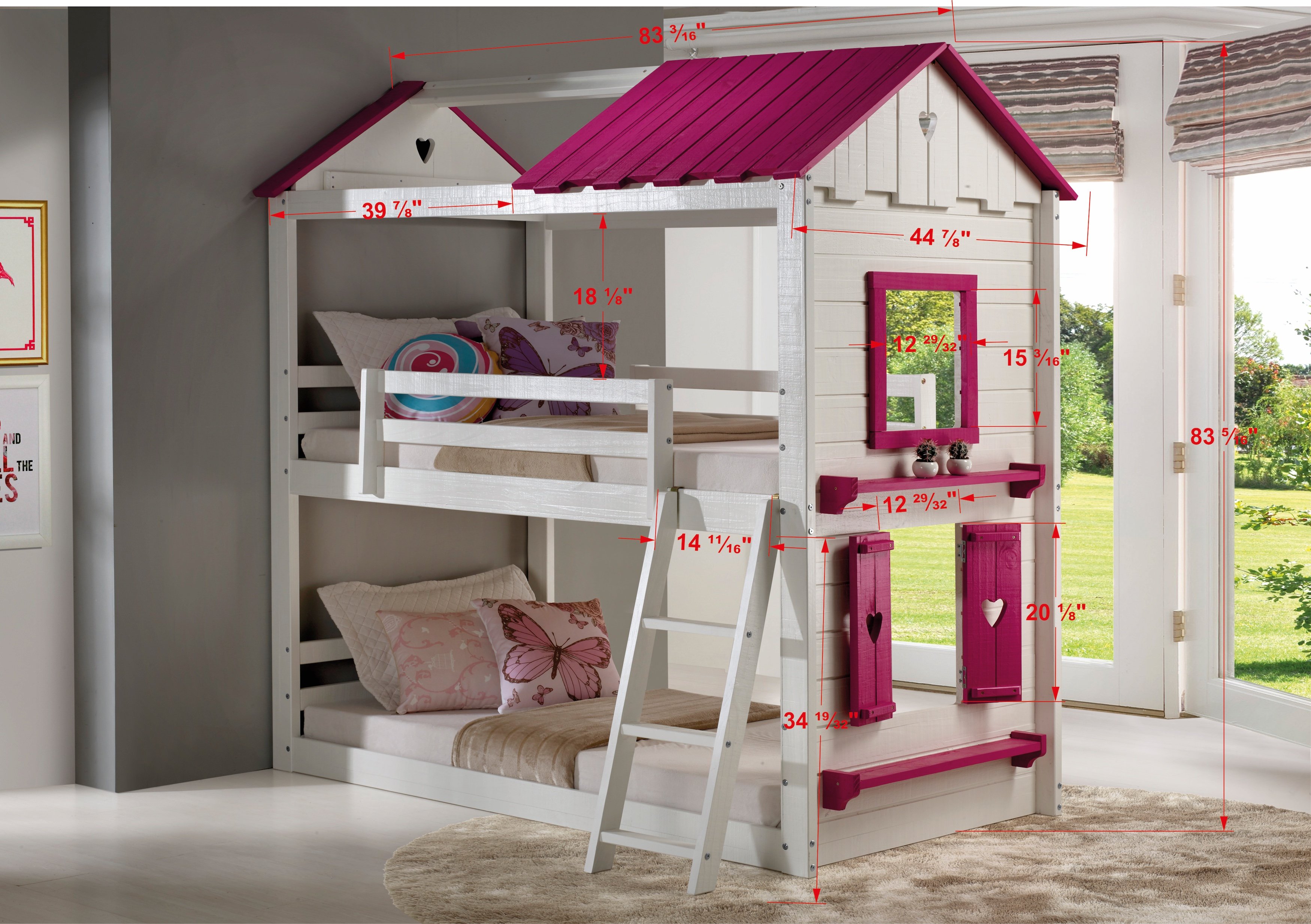 White and Pink Twin over Twin Bunk Bed with Tent - Sweetheart-2