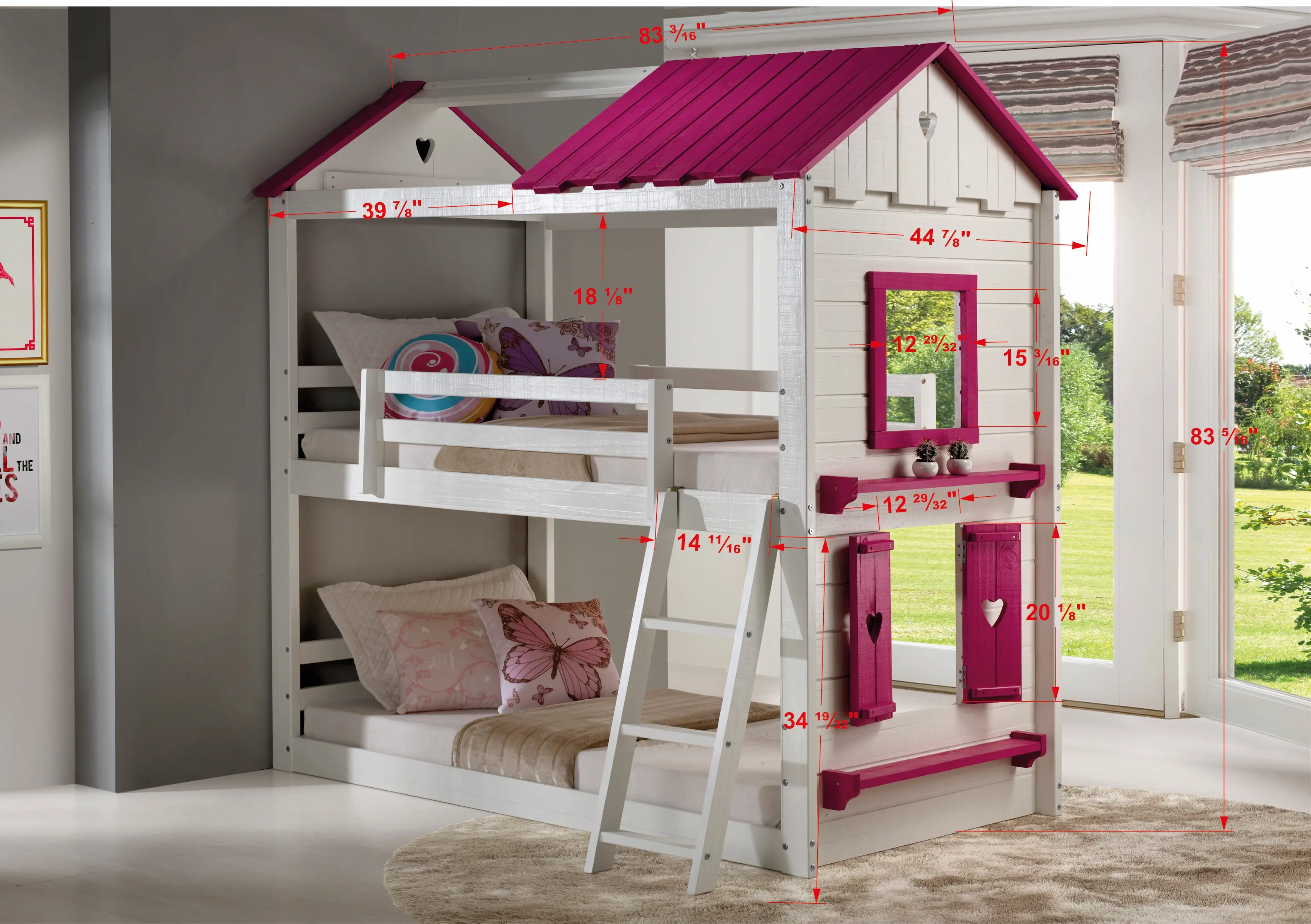 White and Pink Twin over Twin Bunk Bed with Tent - Sweetheart-2