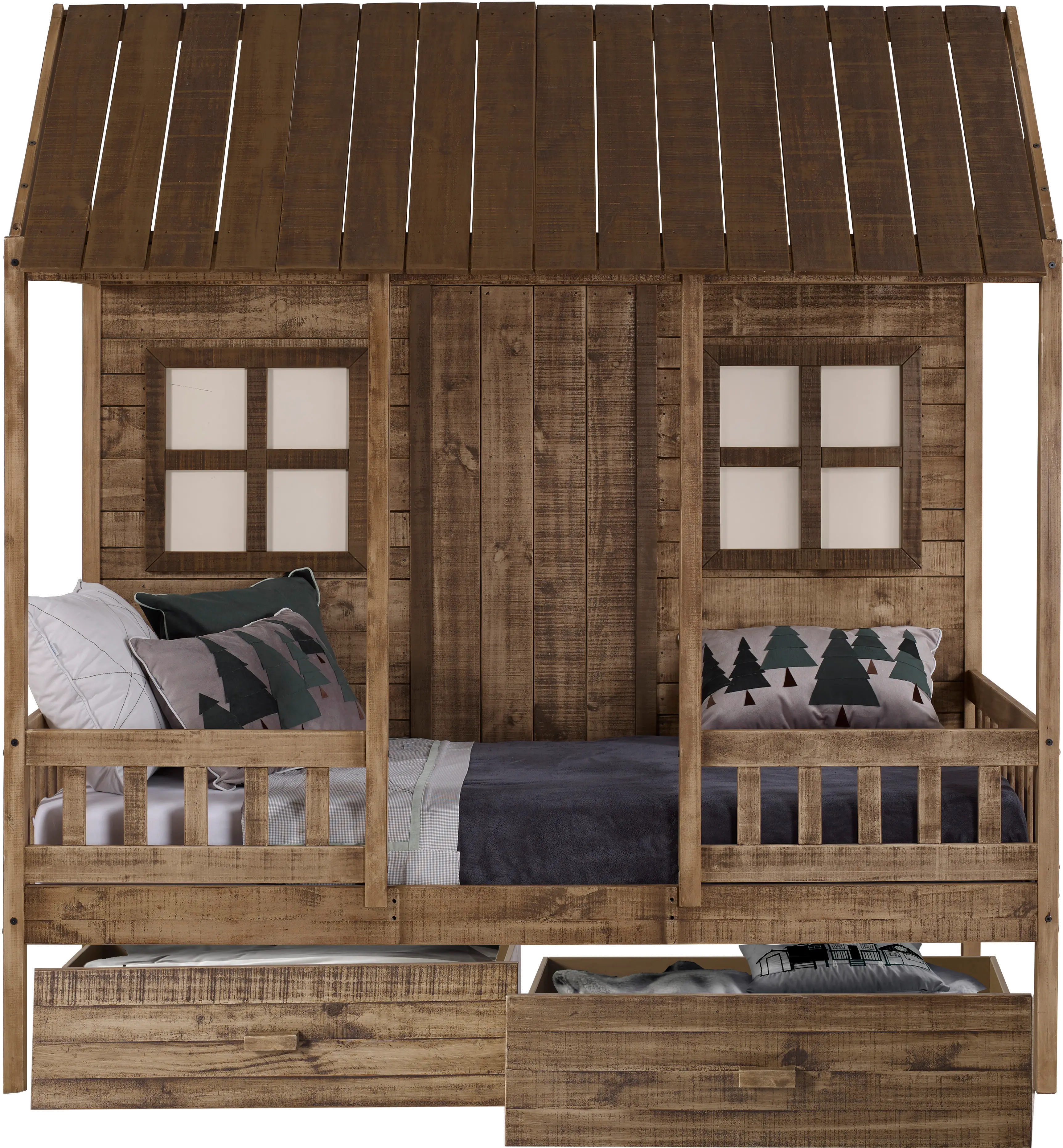 Rustic Driftwood Twin Low Loft Bed with Storage - Front Porch-2