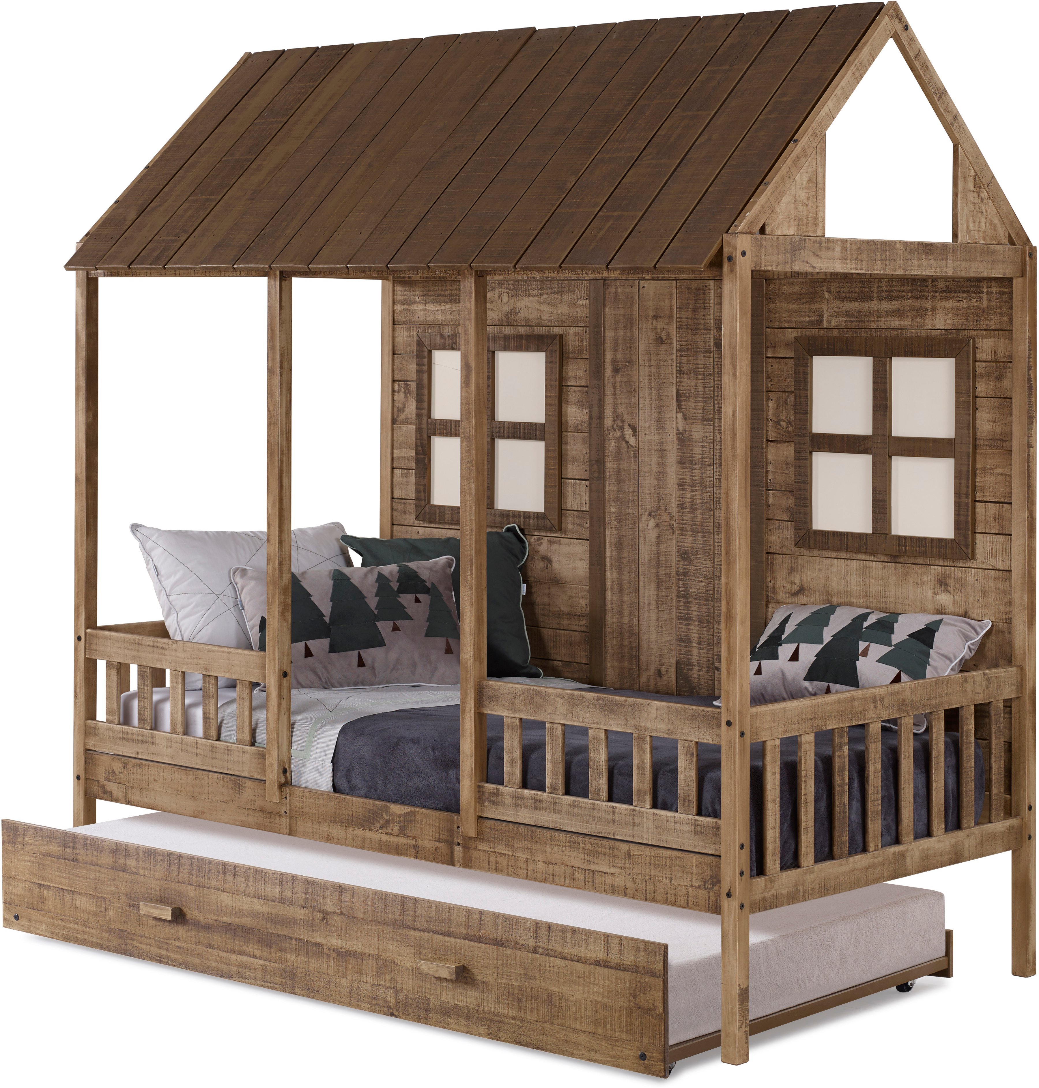 Rustic Driftwood Twin Low Loft Bed with Trundle - Front Porch-2