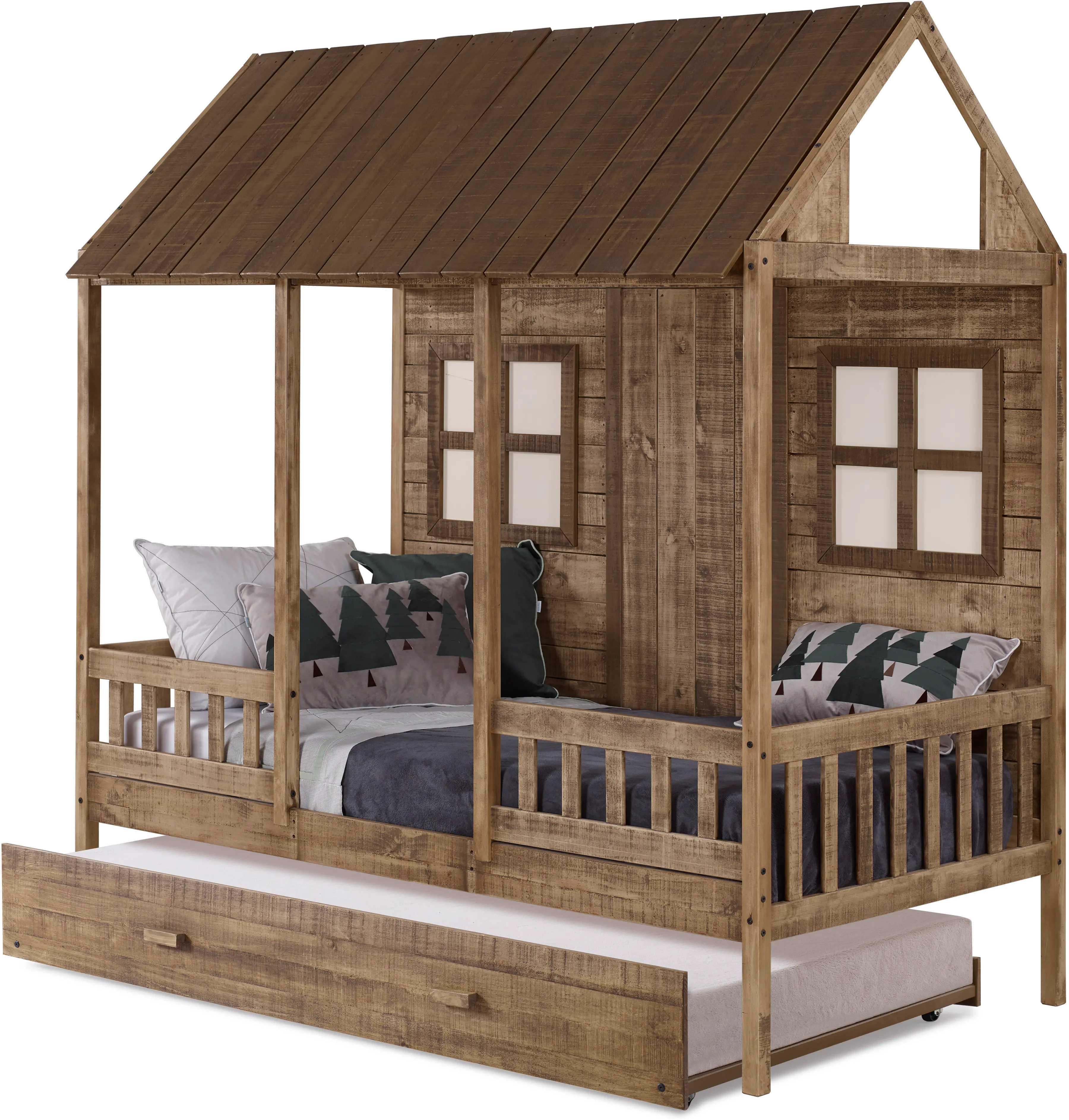 Rustic Driftwood Twin Low Loft Bed with Trundle - Front Porch-2