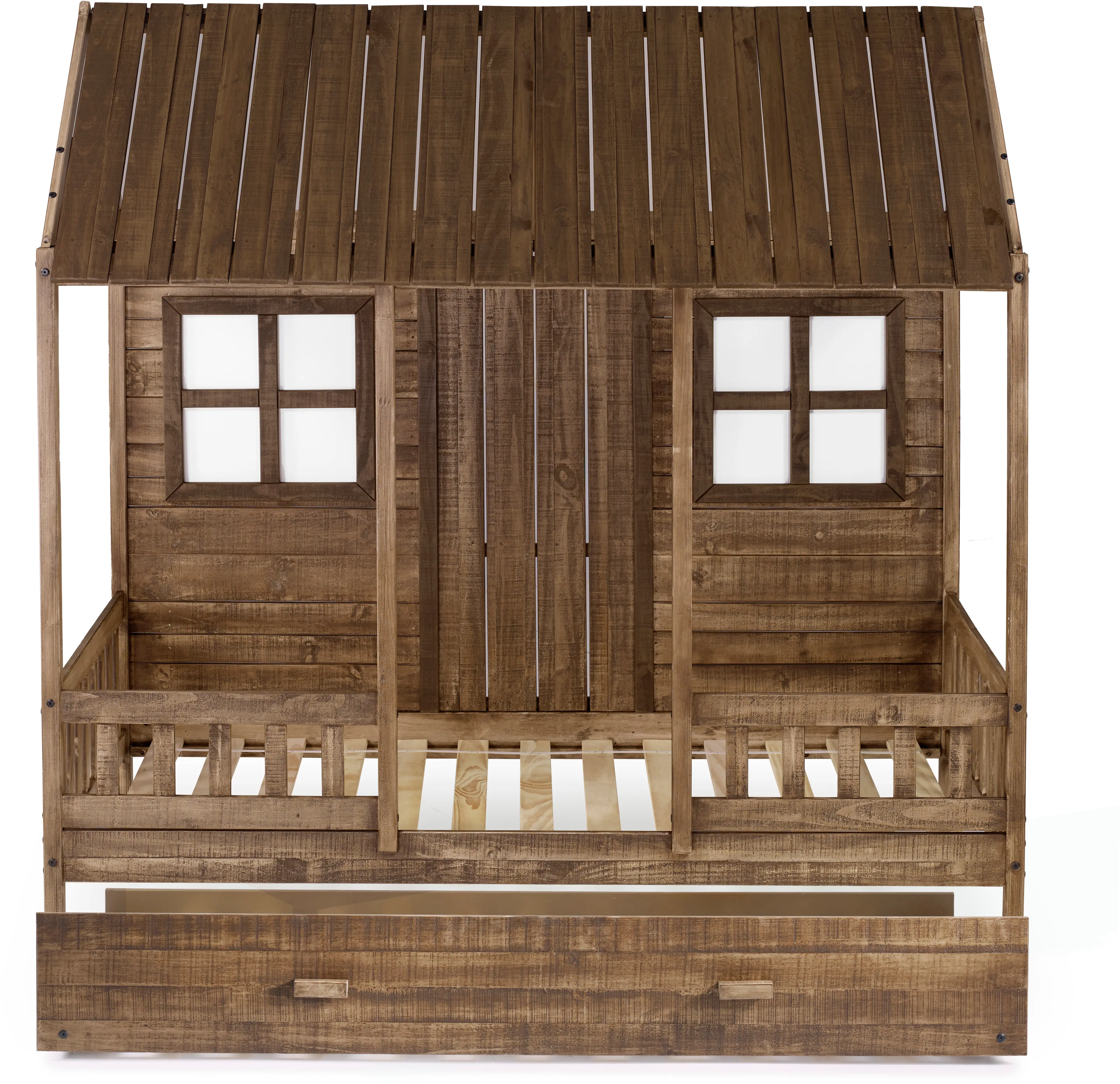 Rustic Driftwood Twin Low Loft Bed with Trundle - Front Porch-3