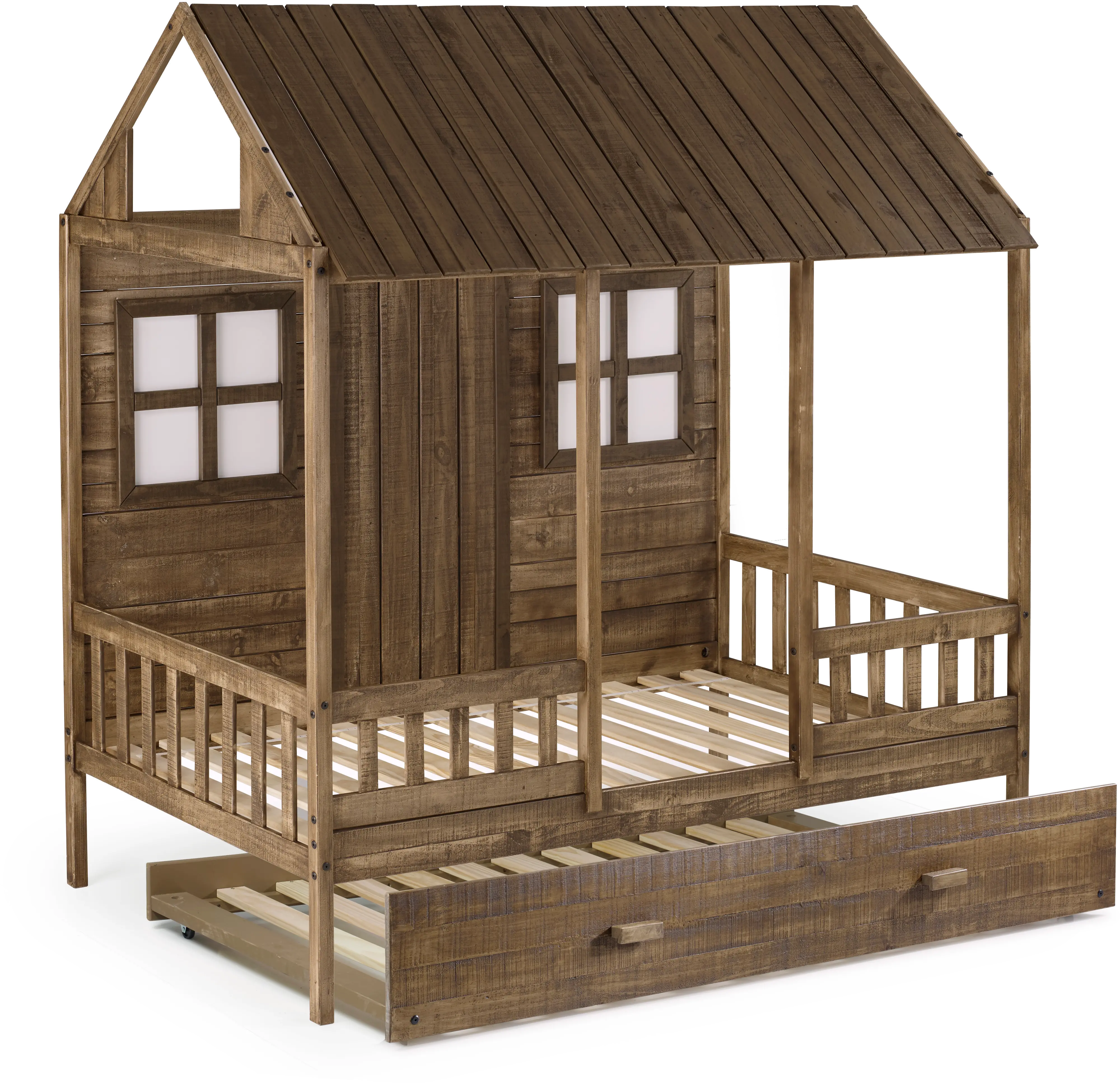 Rustic Driftwood Twin Low Loft Bed with Trundle - Front Porch-4