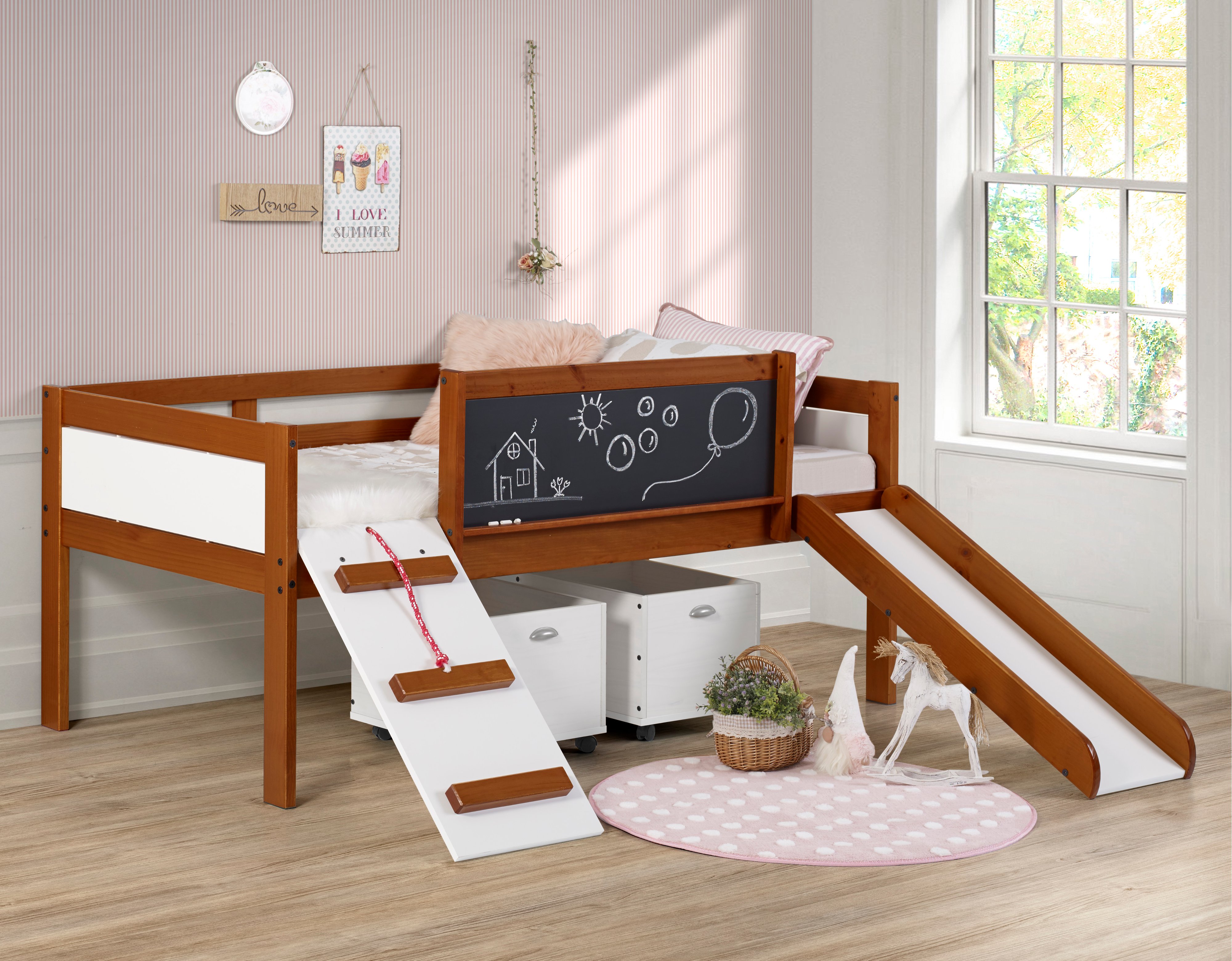 Brown and White Twin Low Loft Bed with Storage - Junior-2