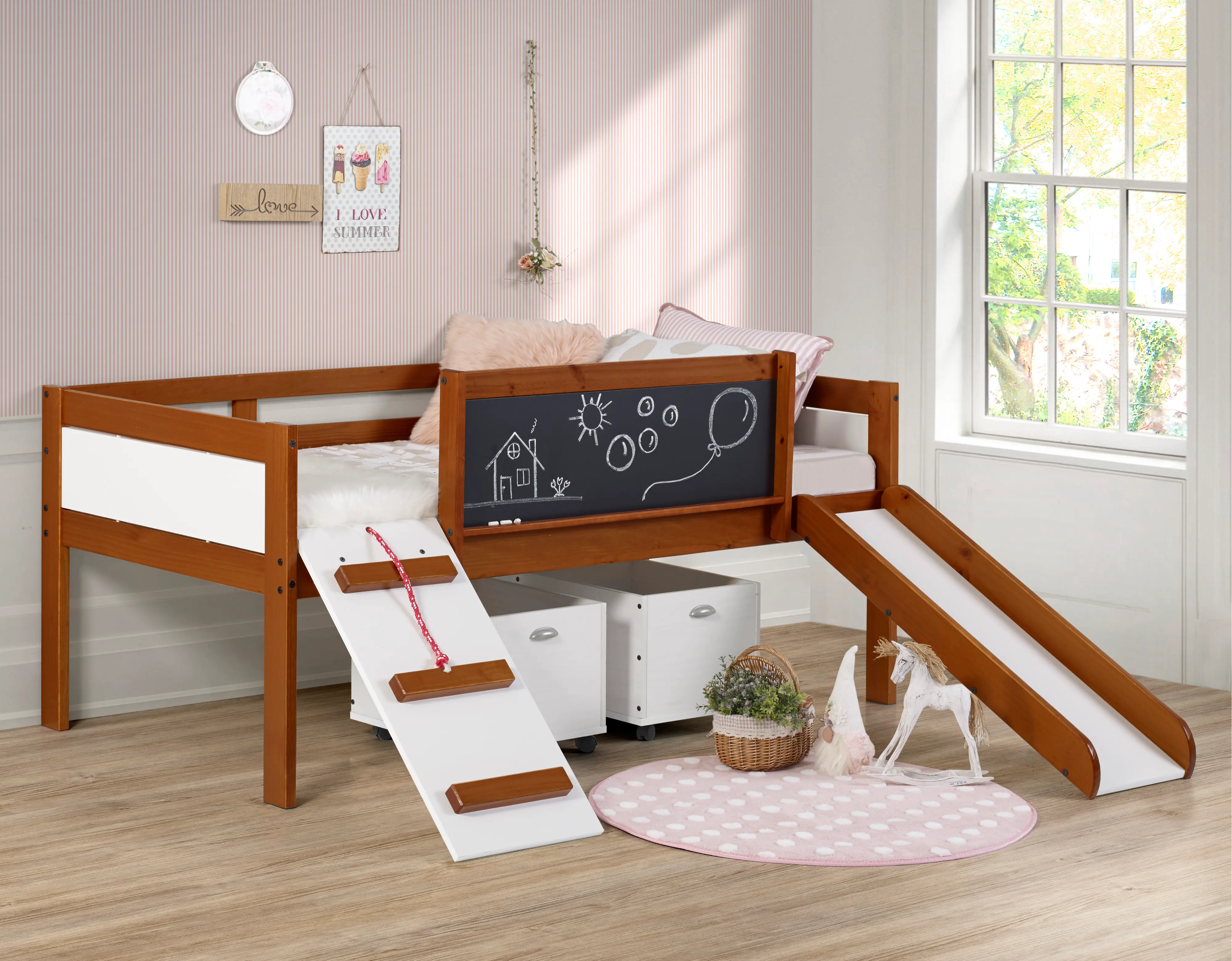 Brown and White Twin Low Loft Bed with Storage - Junior-2