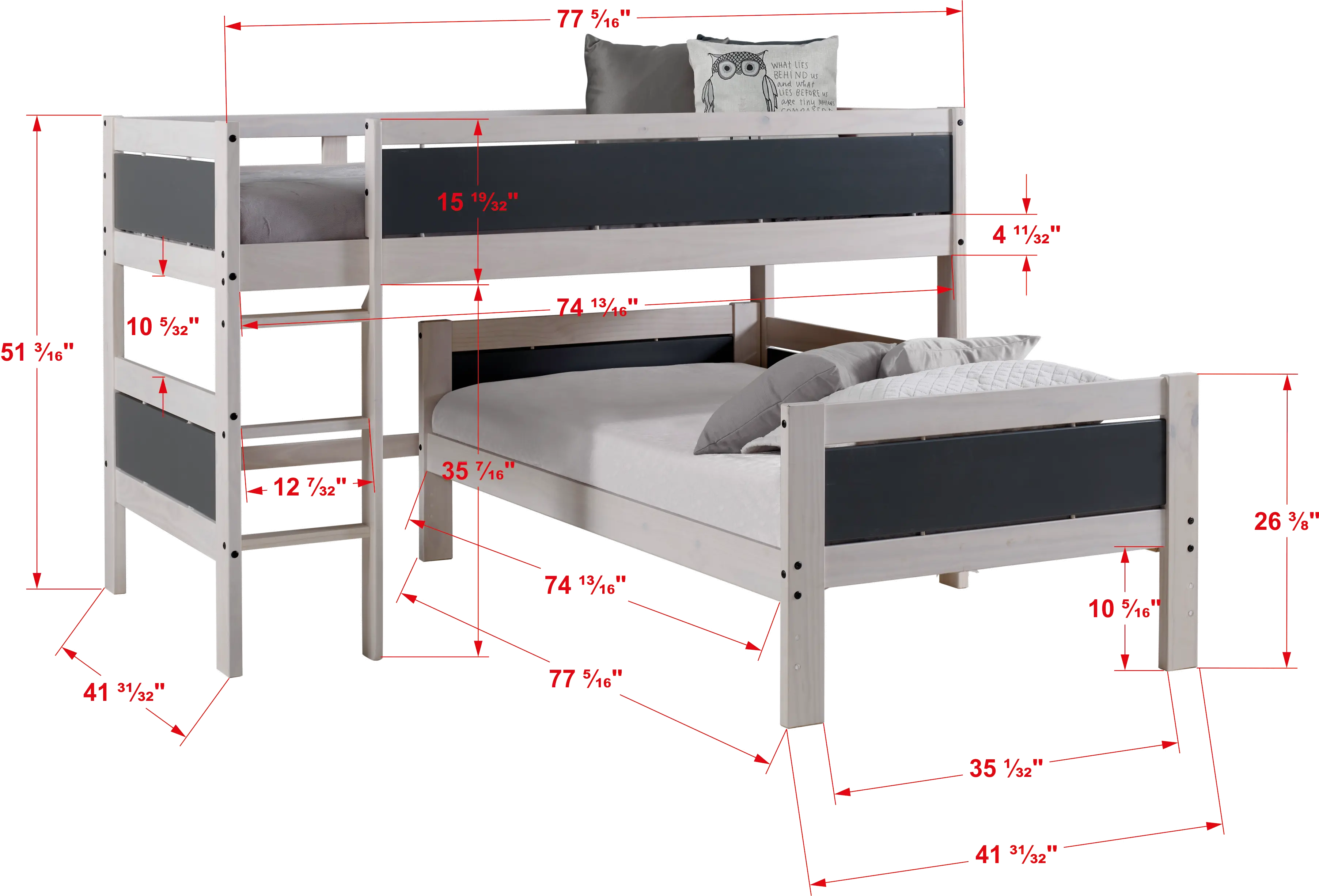 Whitewash and Gray Twin over Twin Low Loft Bed - Junior-3