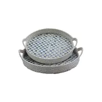 16 Inch Round Blue Rattan Tray with Pattern and Handles