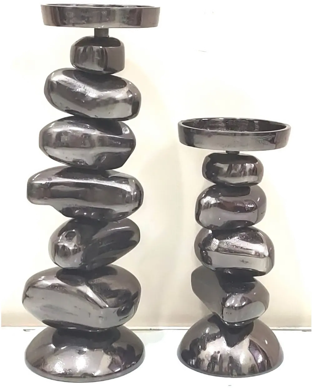 14 Inch Charcoal Gray Metal Faux Stacked Stones Candle Holder-1