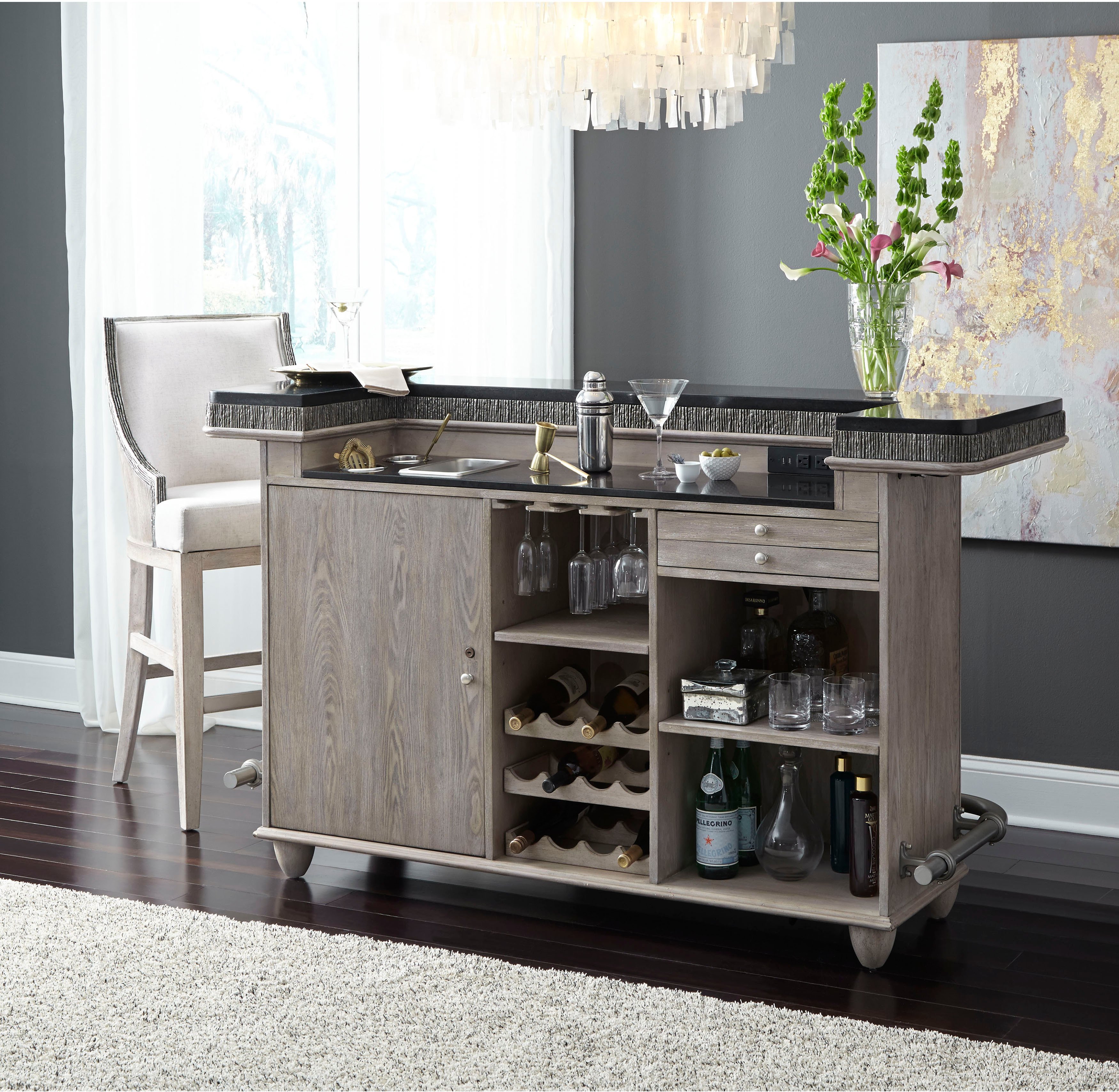 Modern Eclectic Industrial Stone and Silver Bar Cabinet-2