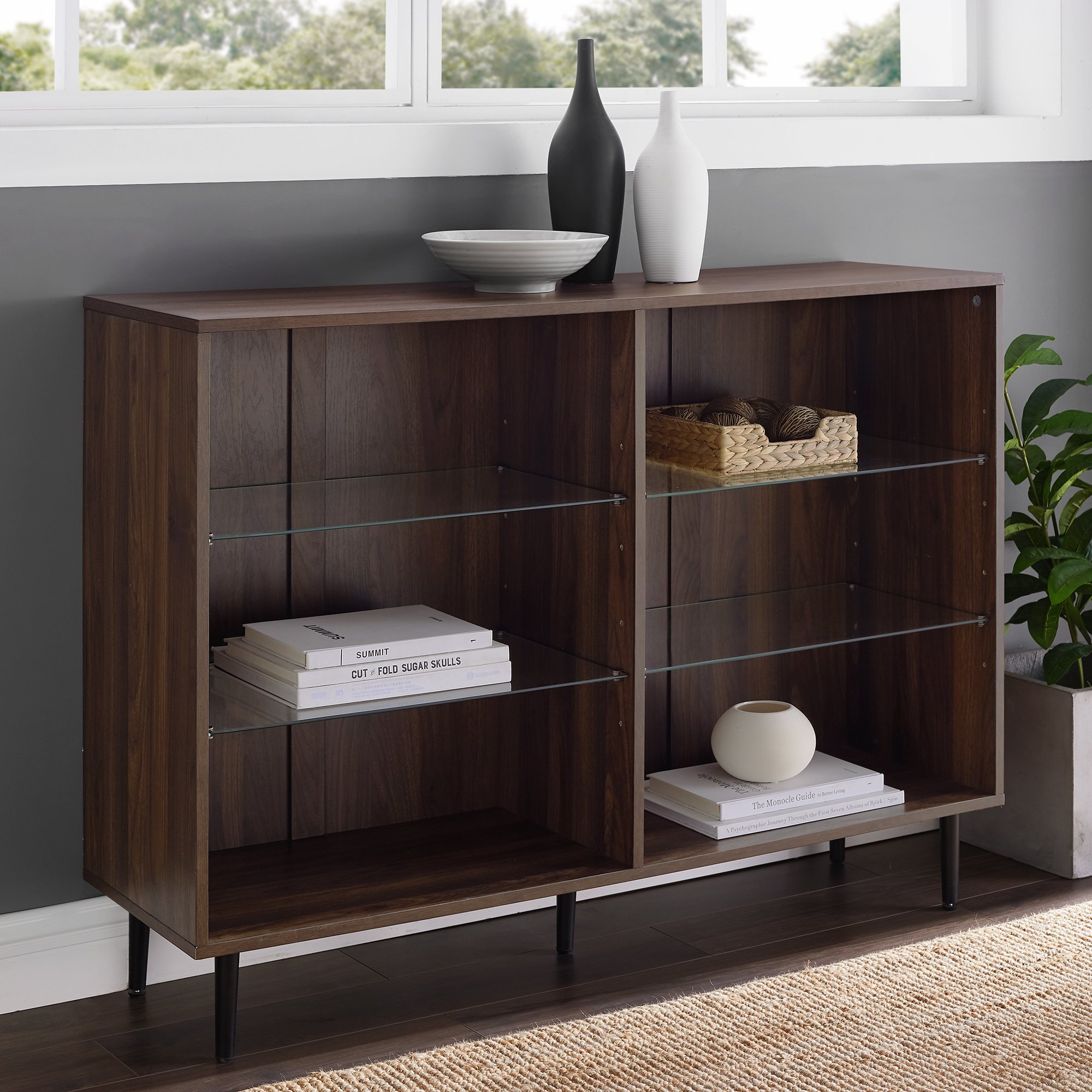 BS48NORDW Dark Walnut 48 Mid Century Modern Glass Shelf Bookcase - Nora-1