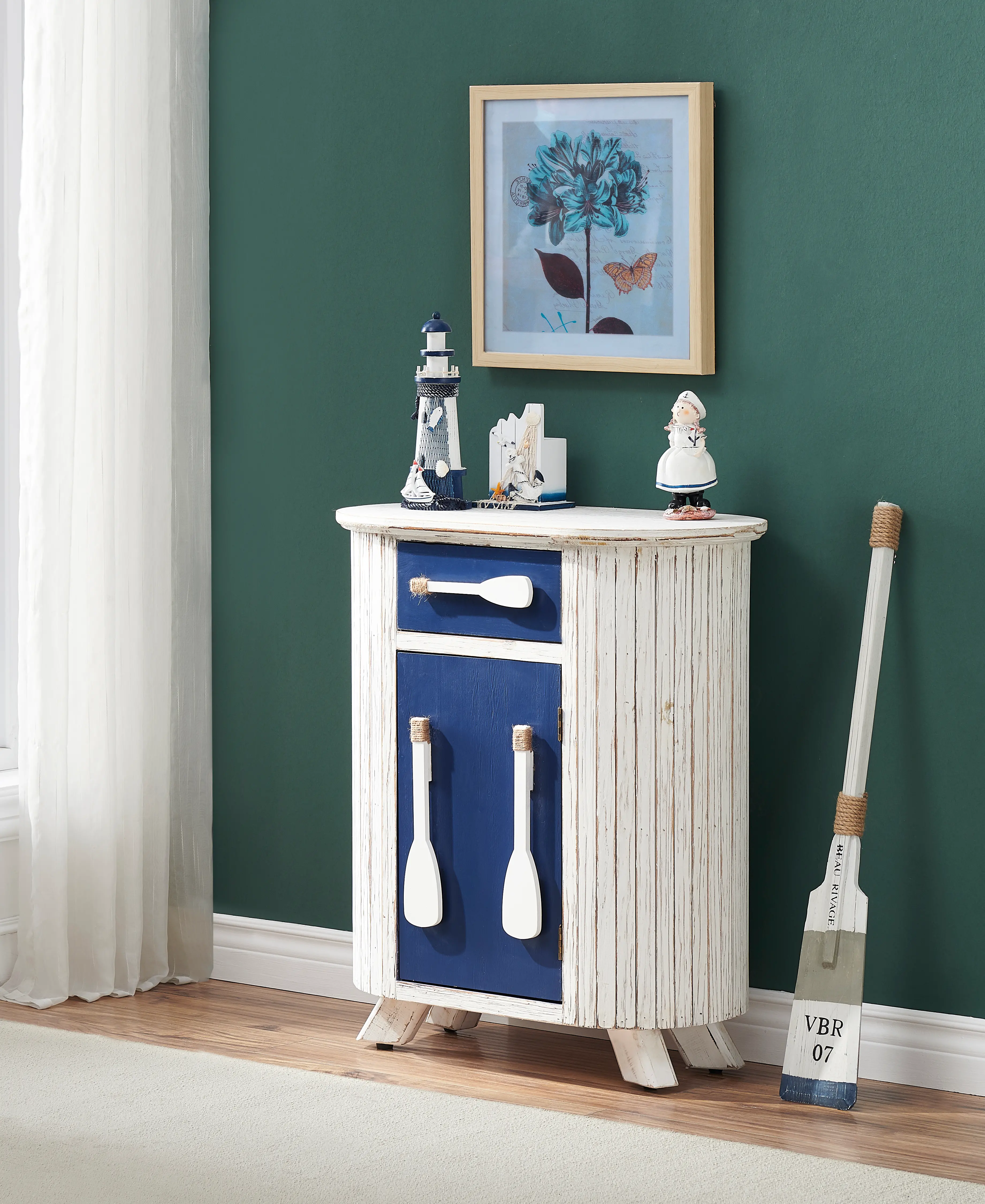 Coastal Distressed White and Blue Storage Accent Cabinet-4