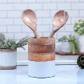 Mango Wood Utensil Holder with White Enamel Coating