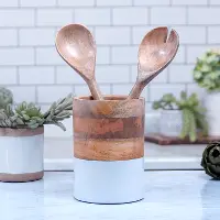 Mango Wood Utensil Holder with White Enamel Coating
