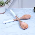 Mango Wood Salad Server Set with White Enamel